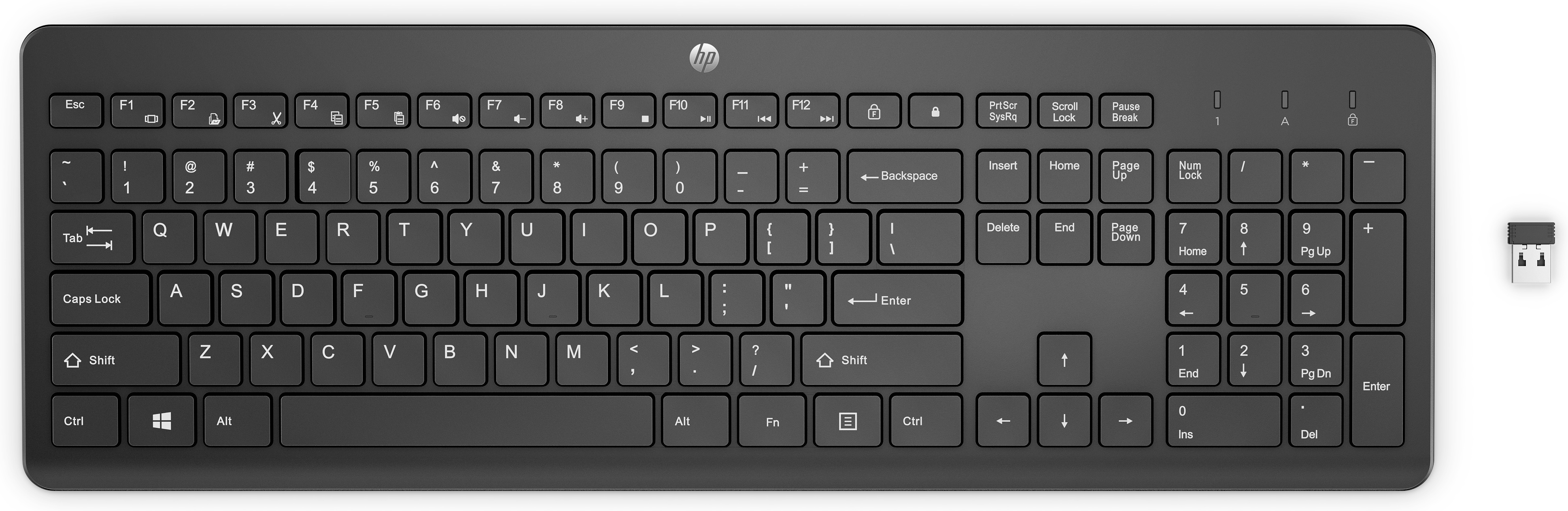 Teclado de computadora negro con teclas y receptor USB sobre fondo blanco.