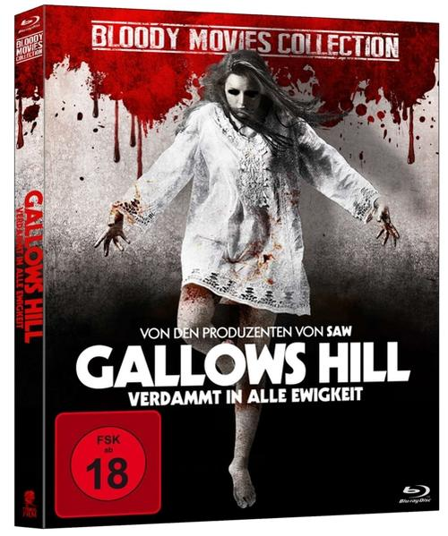 DVD-Cover für 'Gallows Hill'. Zeigt eine geisterhafte Frau. Rotes Blut und der Titel sind sichtbar.