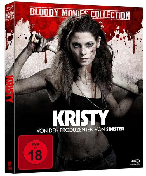 Frau mit Baseballschläger, Blut und DVD-Cover mit 'Kristy' und deutschem Text.
