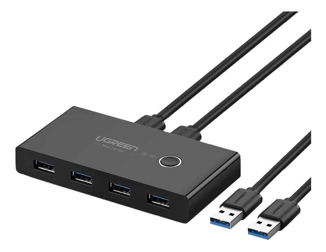 Schwarzer UGREEN USB-Hub mit vier USB-Anschlüssen und drei angeschlossenen USB-Kabeln.