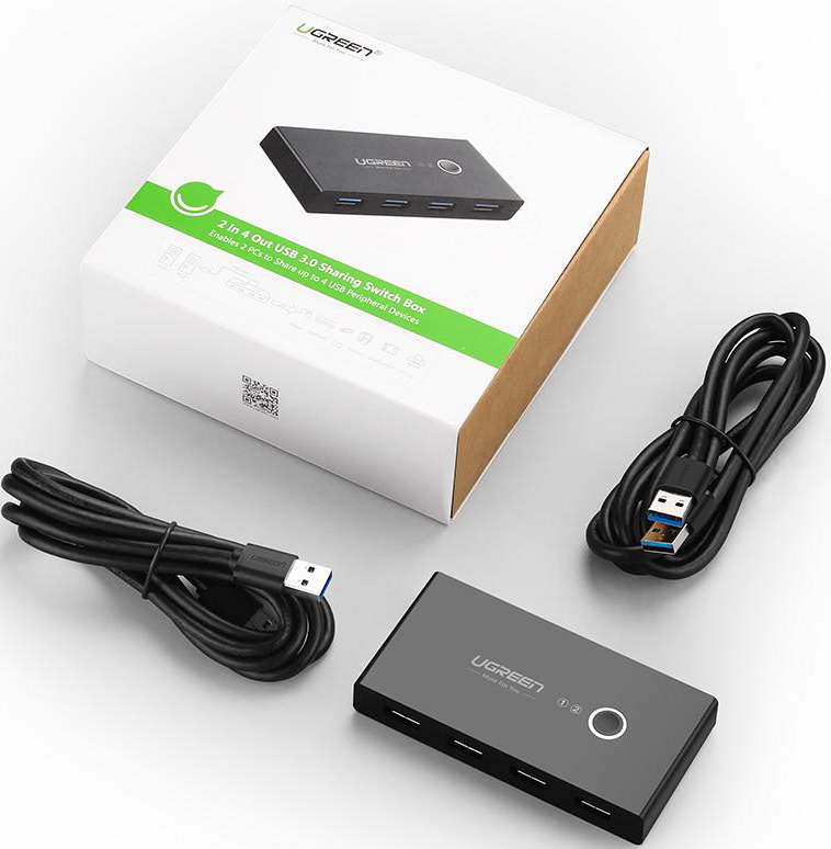 Ugreen USB-Sharing-Switch-Box mit Kabeln. Weiße Box mit Produktdetails. Schwarzer Hintergrund.