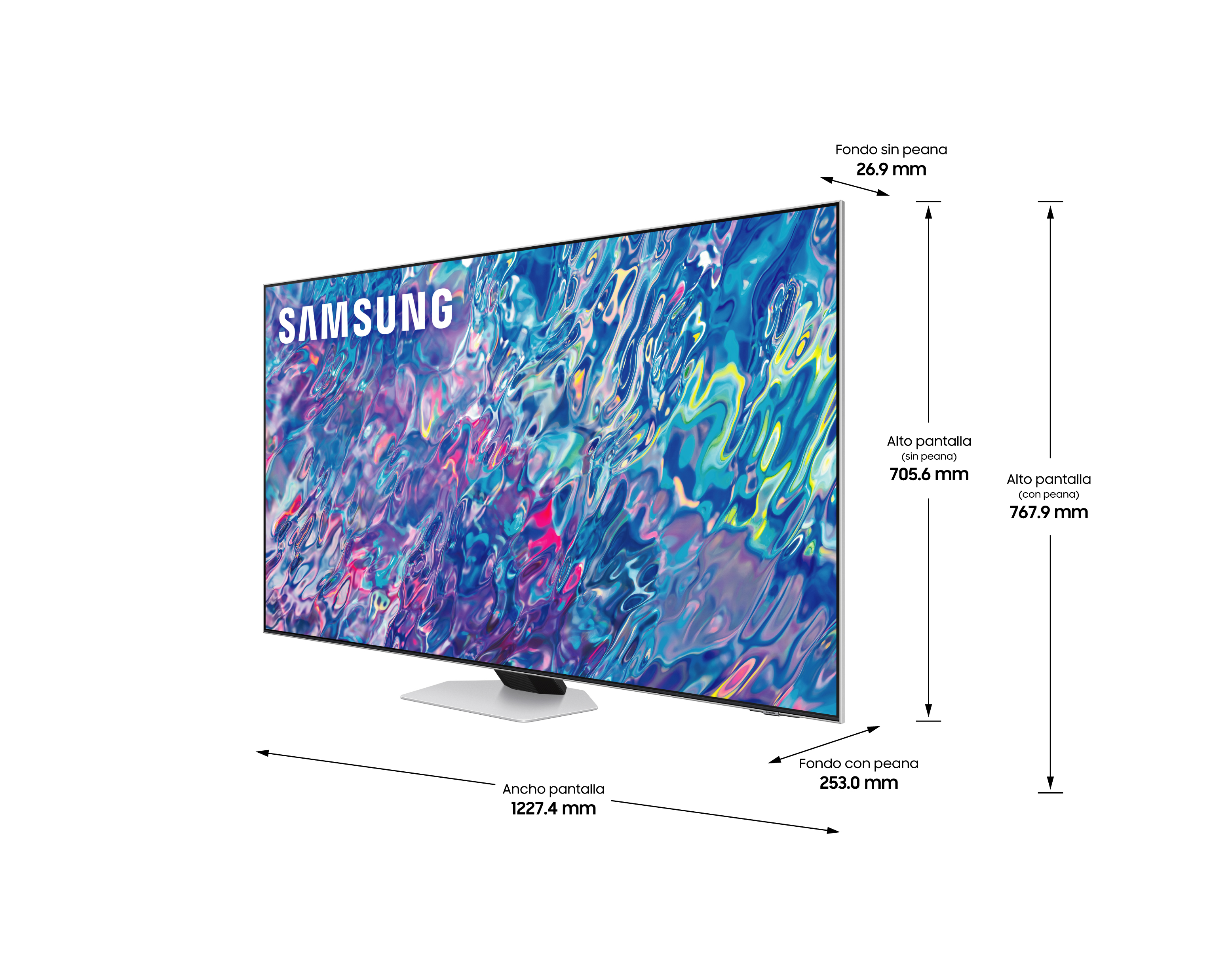 Un televisor Samsung grande se muestra con mediciones en la pantalla.