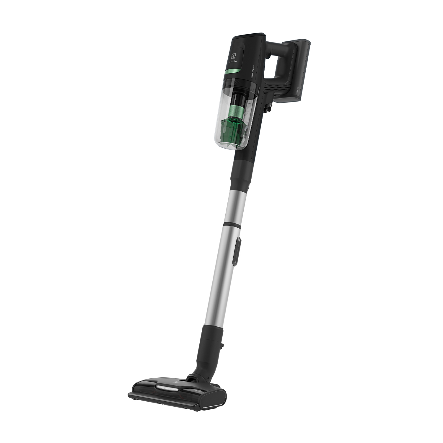 Un aspirapolvere senza fili con corpo nero e argento, filtro verde e testa scura.