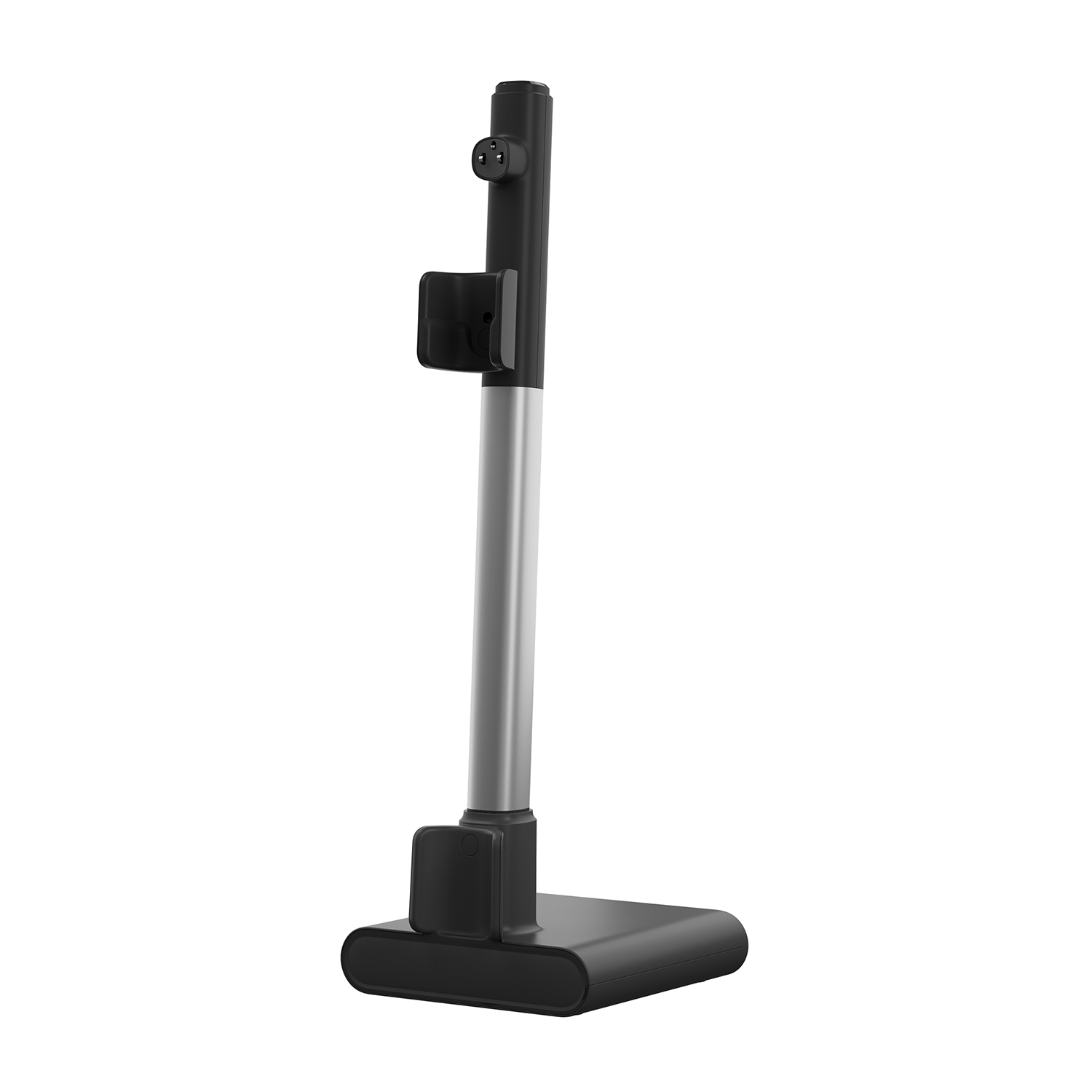 Un supporto per aspirapolvere nero e argento con due slot per accessori. Ha una base solida.