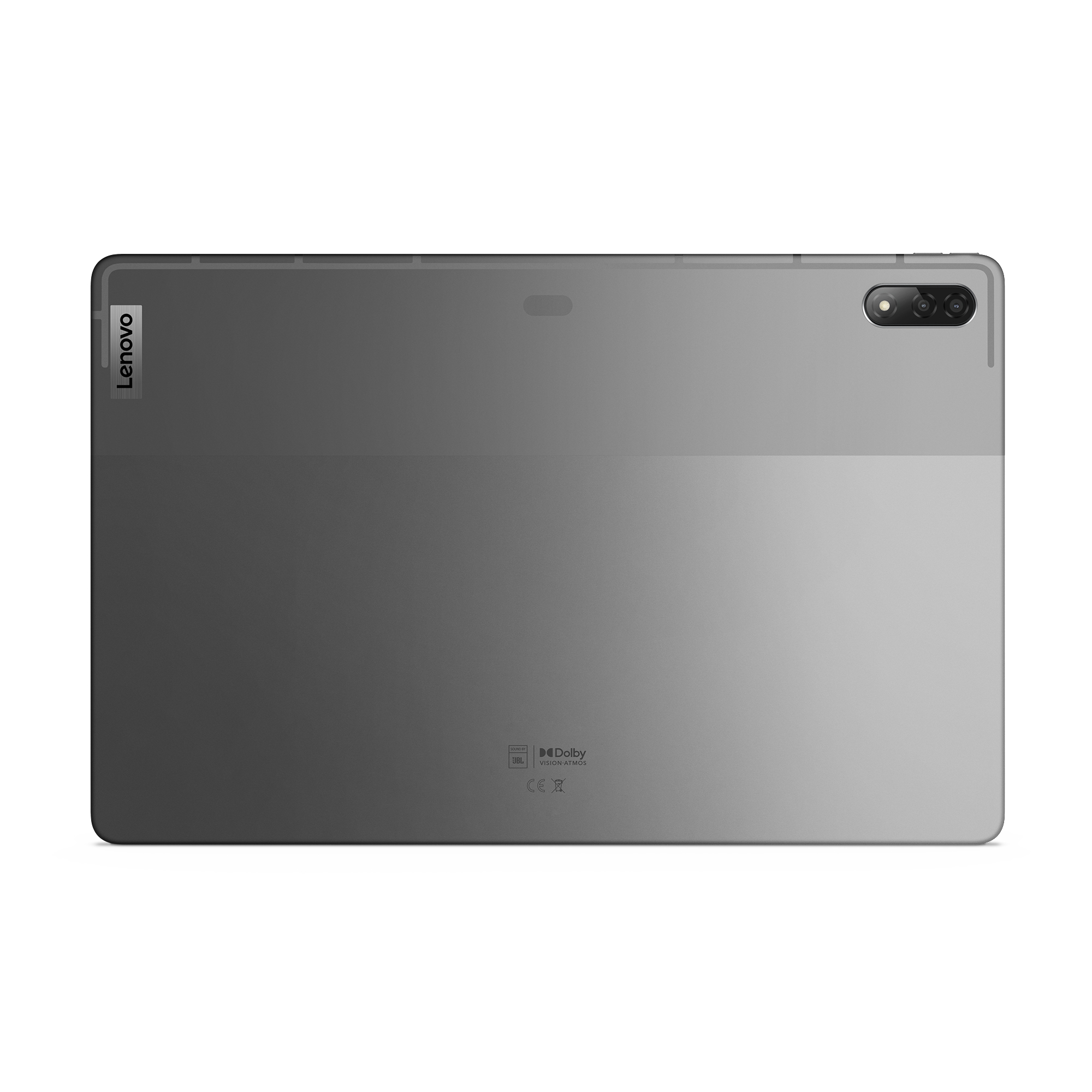 Graues Tablet auf weißer Oberfläche, Lenovo-Logo auf der Rückseite.