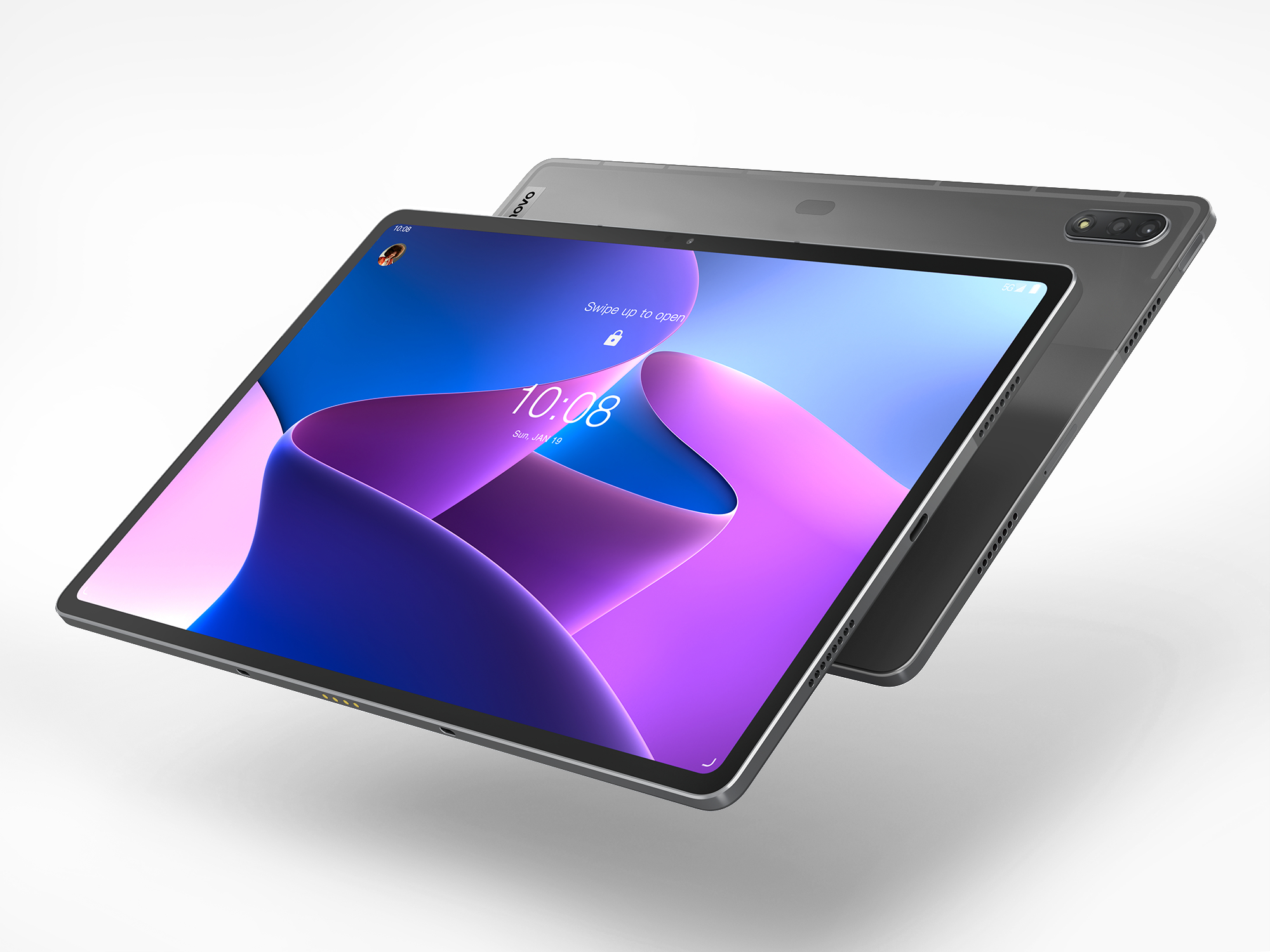 Ein Tablet mit großem Bildschirm, abgewinkelt, zeigt die Uhrzeit und ein Schlosssymbol.