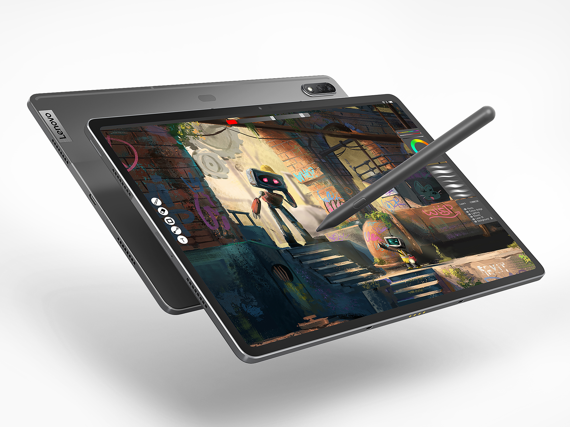 Ein Lenovo-Tablet mit Stift, das digitale Kunst zeigt. Ein anderes Tablet ist dahinter. Der Hintergrund ist Graffiti.