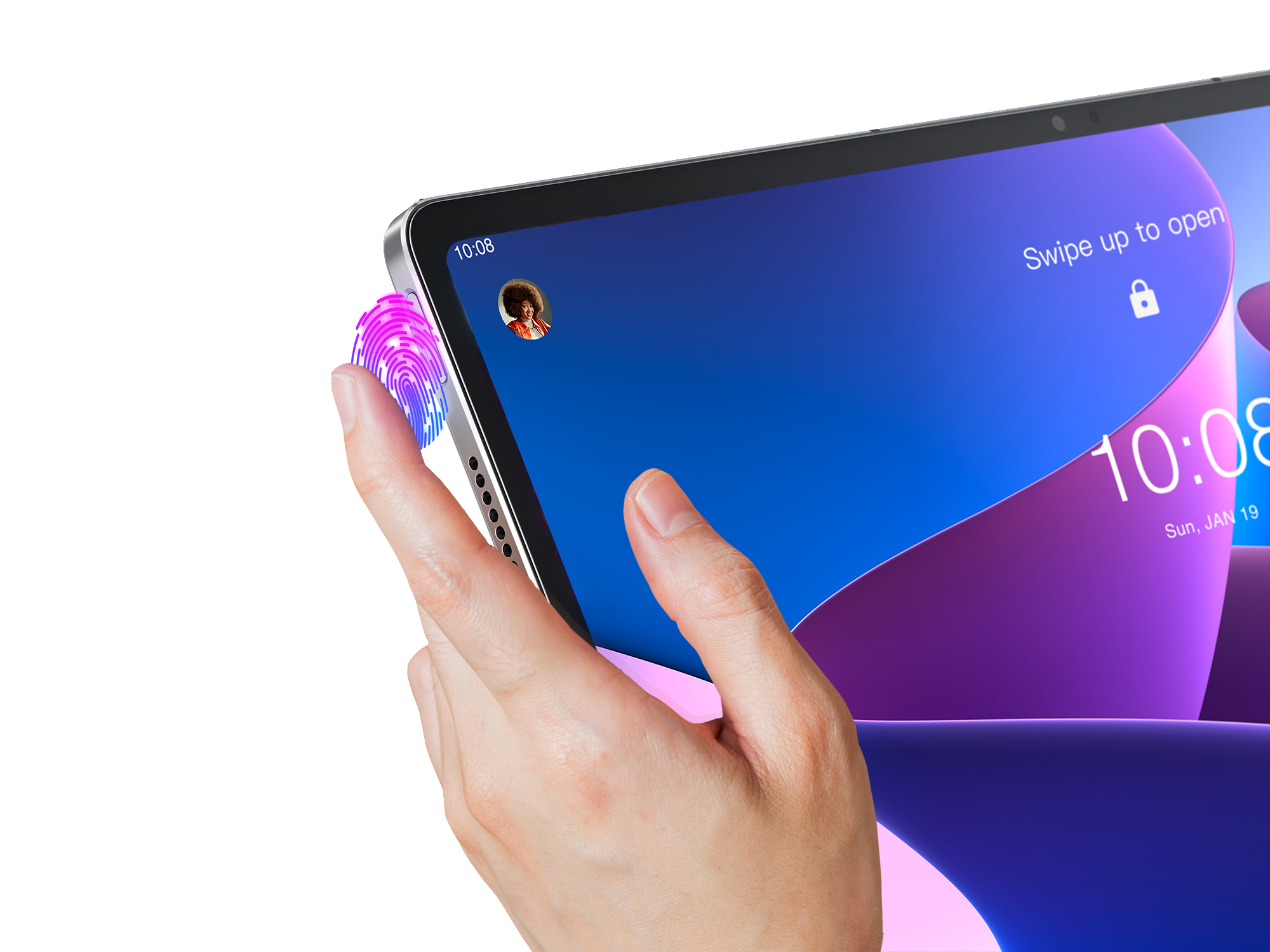 Nahaufnahme einer Hand, die einen Tablet-Bildschirm berührt, mit beleuchtetem Fingerabdrucksensor.