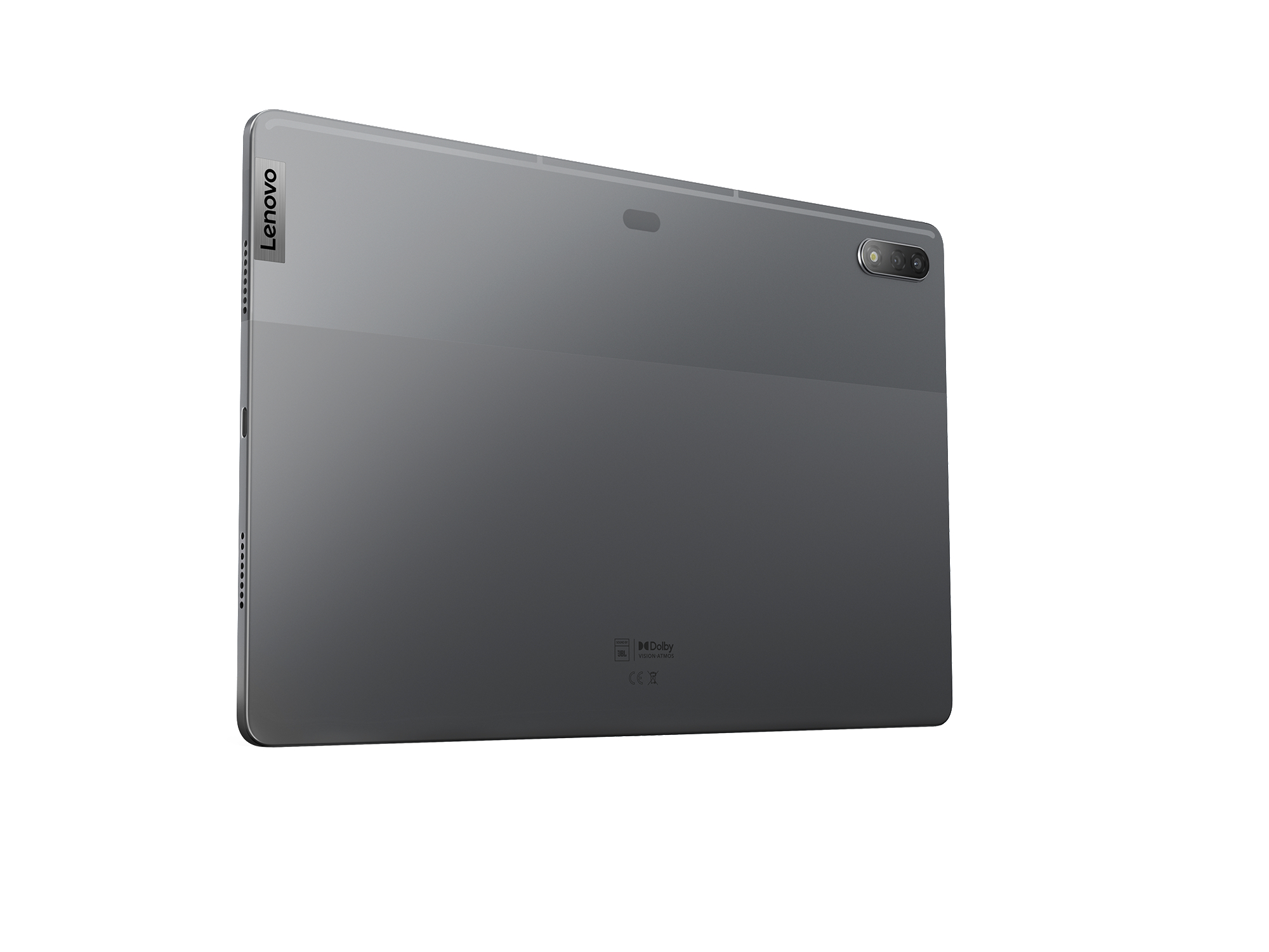 Graue Lenovo Tablet-Rückansicht, mit Kamera und Lenovo-Logo sichtbar.