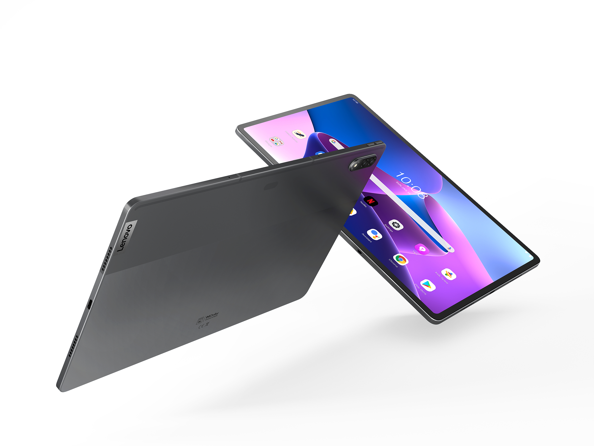 Zwei Lenovo-Tablets; eines mit Bildschirm und das andere umgedreht.