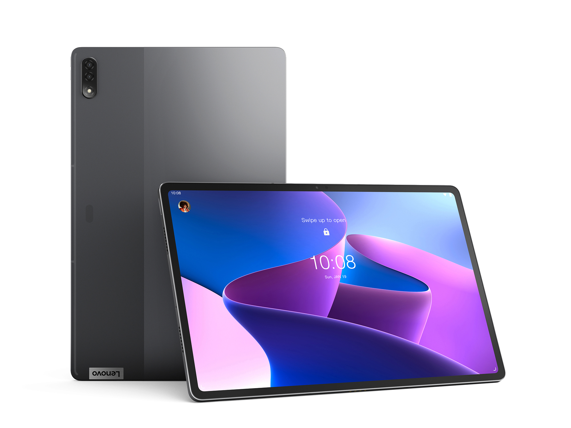 Ein graues Lenovo-Tablet, Vorder- und Rückansicht, auf weißem Hintergrund.