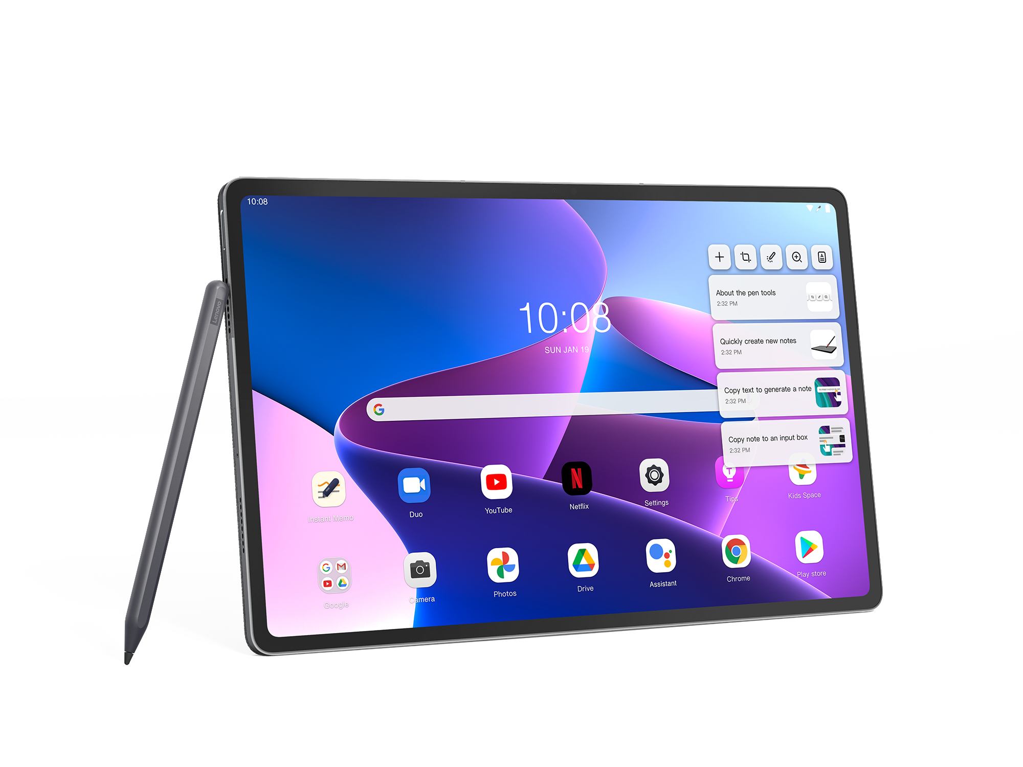 Tablet mit Stift. Der Bildschirm zeigt die Benutzeroberfläche und einige App-Symbole.