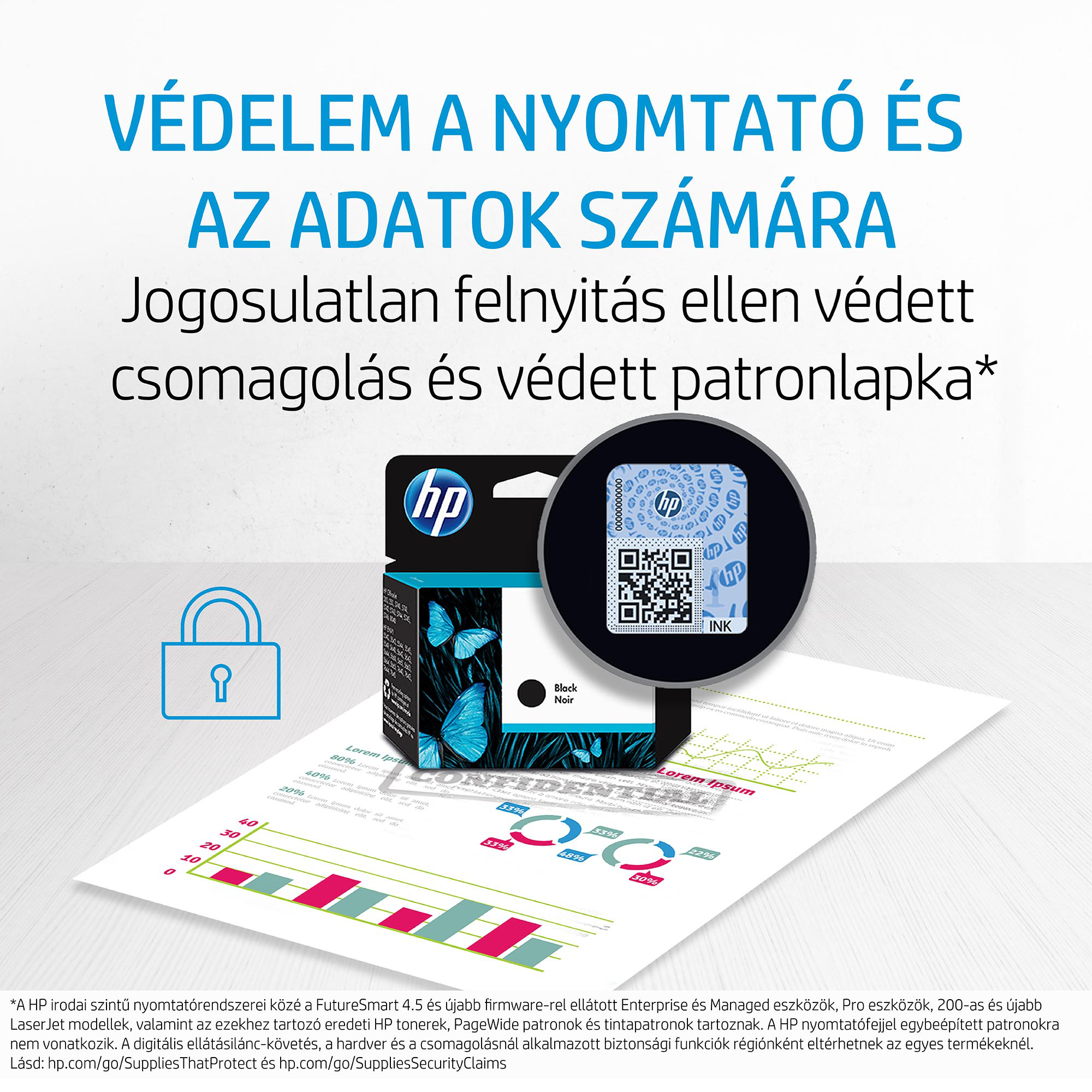HP nyomtató tintapatron biztonsági pecséttel. Adatvédelemről szóló szöveg.