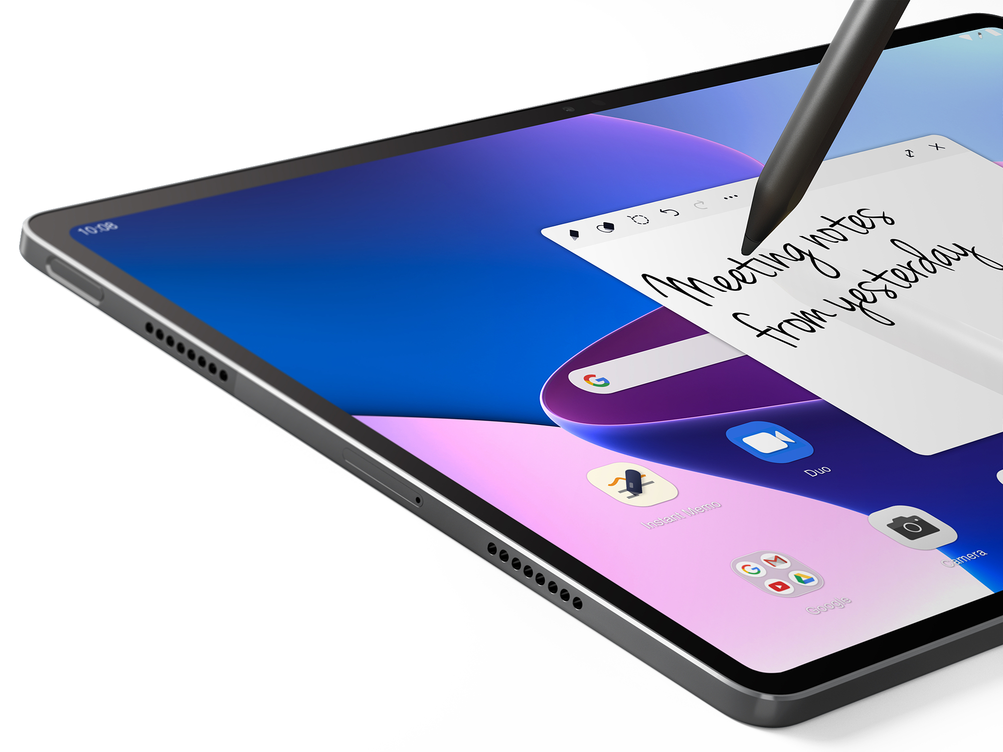 Ein Tablet mit einer Notiz mit der Aufschrift „Meeting Notes from yesterday“. Stift in der Nähe. Weißer Hintergrund.