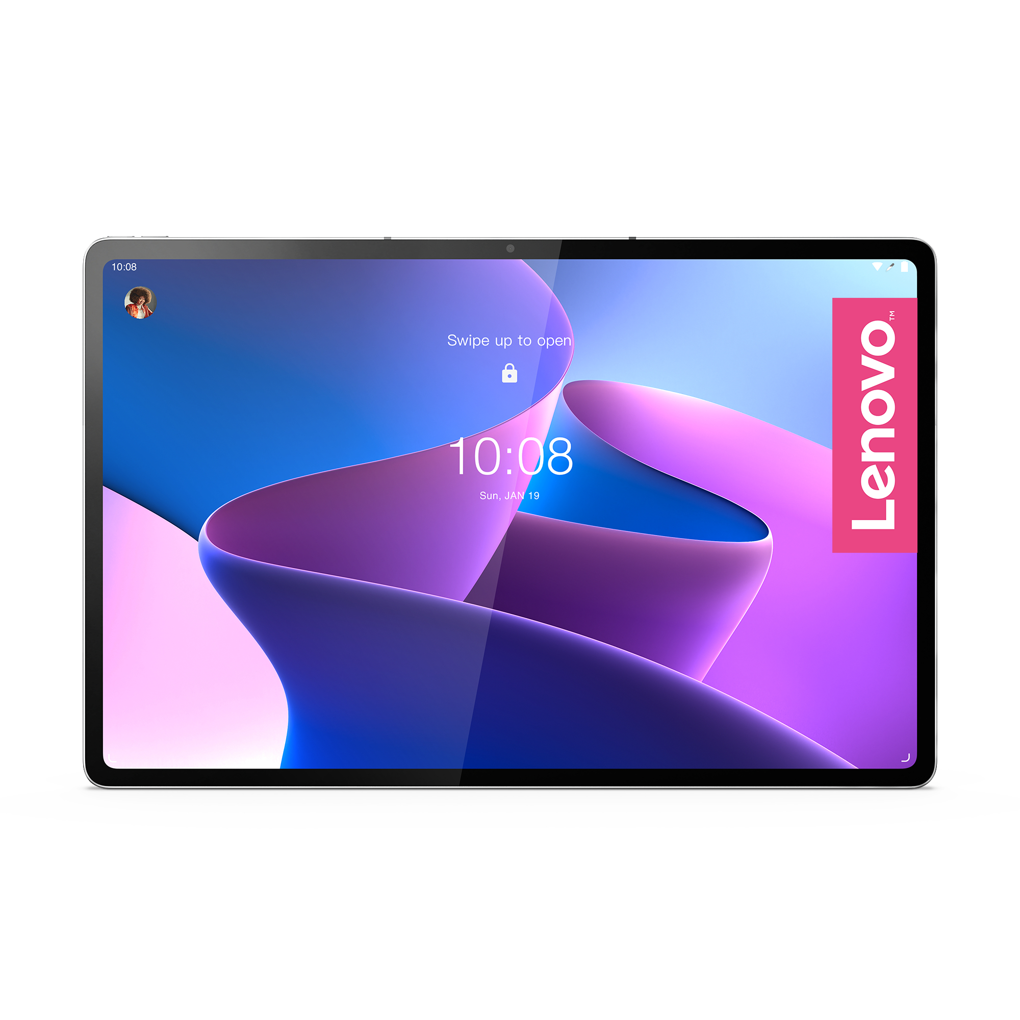 Ein Tablet mit farbenfrohem Bildschirm, Lenovo-Logo und pinkfarbenem Aufkleber.