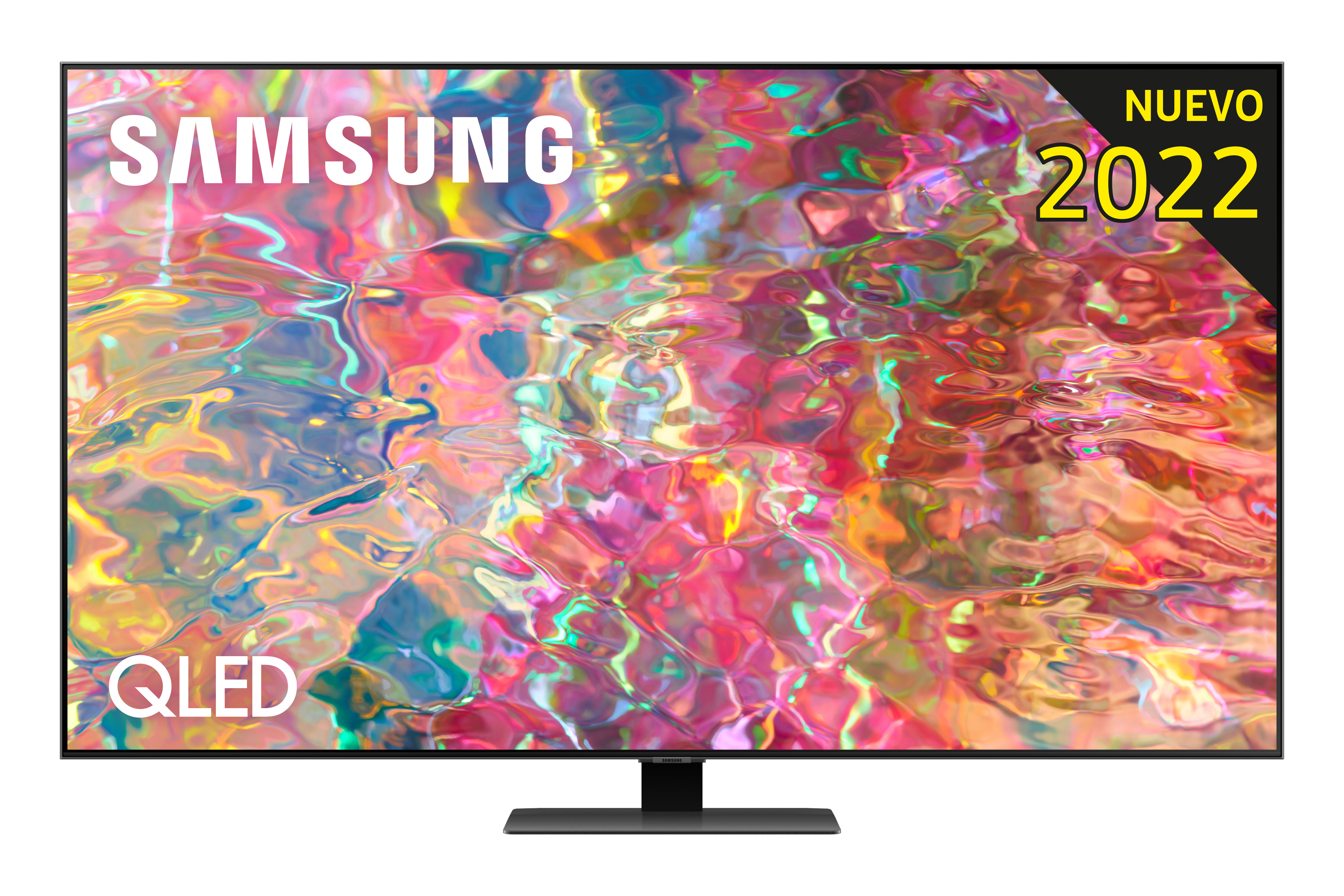 TV Samsung QLED con pantalla colorida. Adhesivo "Nuevo 2022" en la esquina superior derecha.