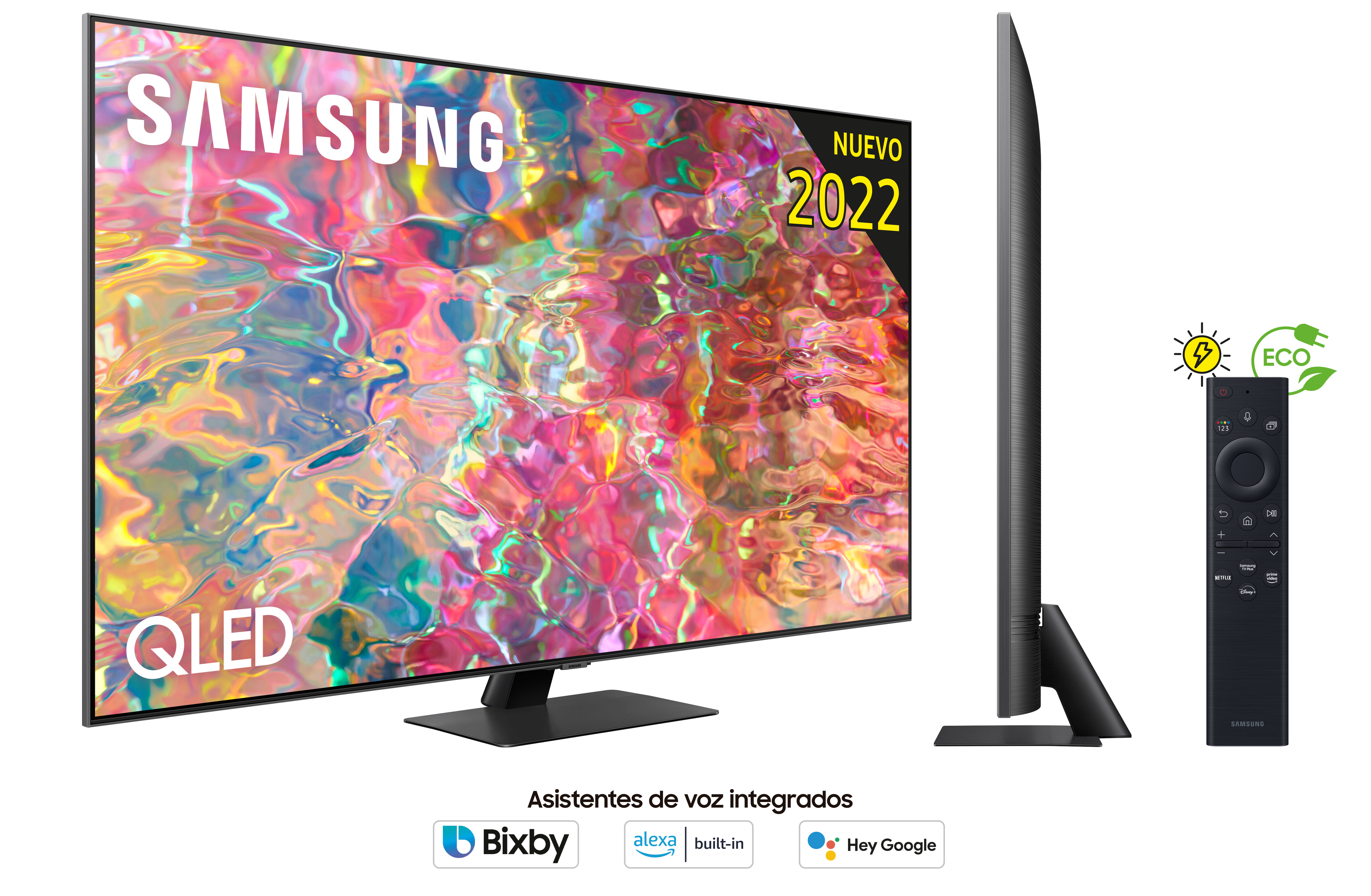 TV Samsung QLED con vista lateral y mando a distancia sobre fondo blanco.