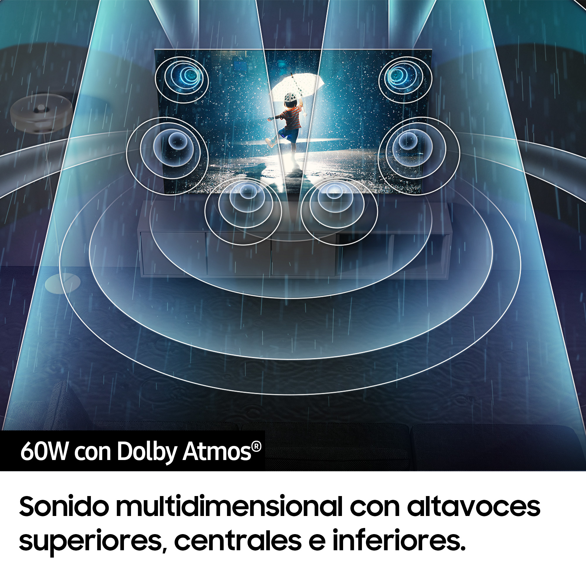 Pantalla de TV mostrando persona en la lluvia, con gráficos de ondas de sonido.