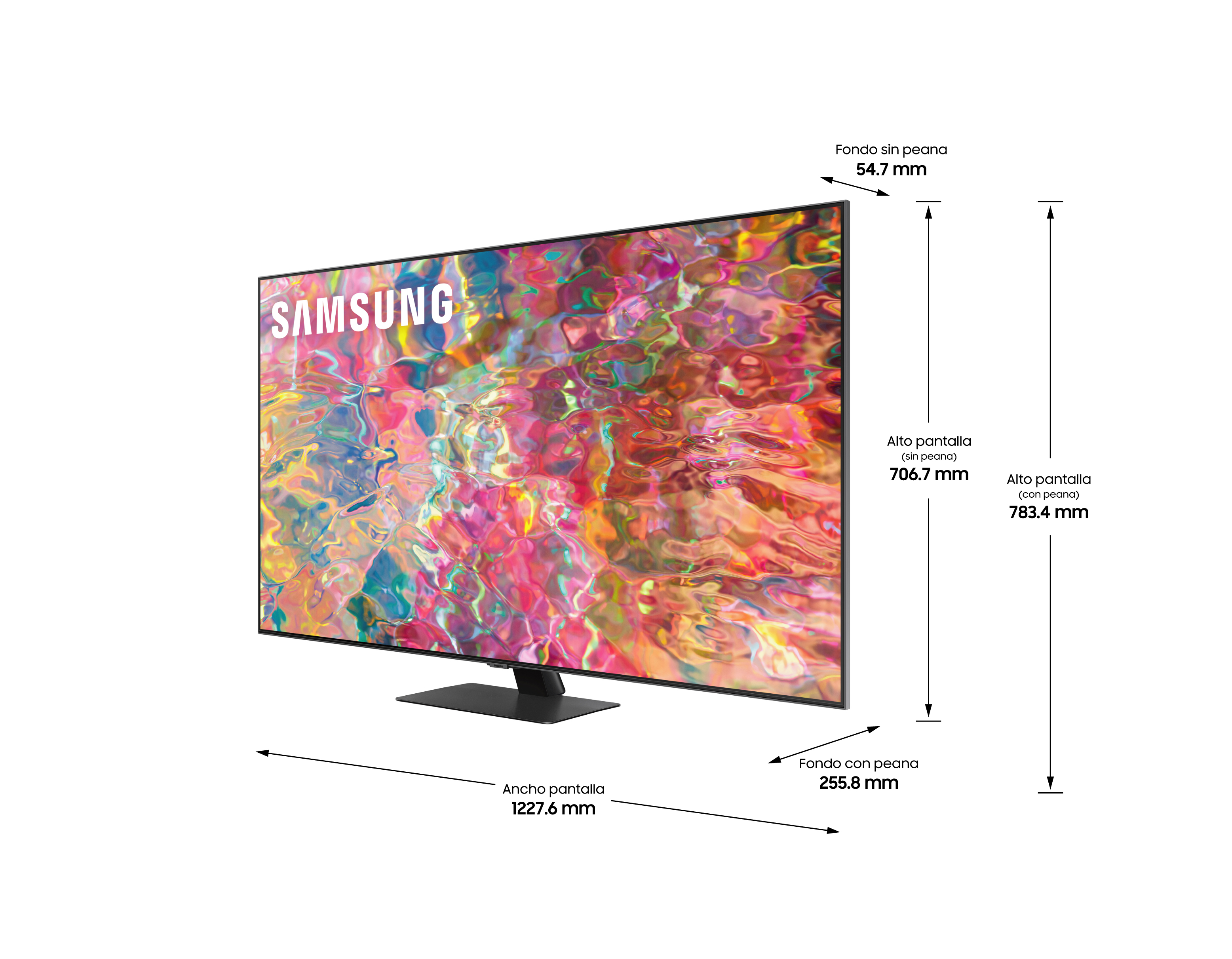Televisor Samsung con dimensiones, pantalla vibrante, soporte negro, sobre fondo blanco, vista lateral.