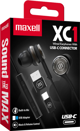 Maxell XC1 vezetékes fülhallgató dobozban. Jellemzők: USB-C csatlakozó, beépített mikrofon, USB adapter, zene/hangerő szabályozás.