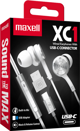 Maxell XC1 fülhallgató dobozban. Fehér fülhallgató, USB-C csatlakozó, beépített mikrofon.