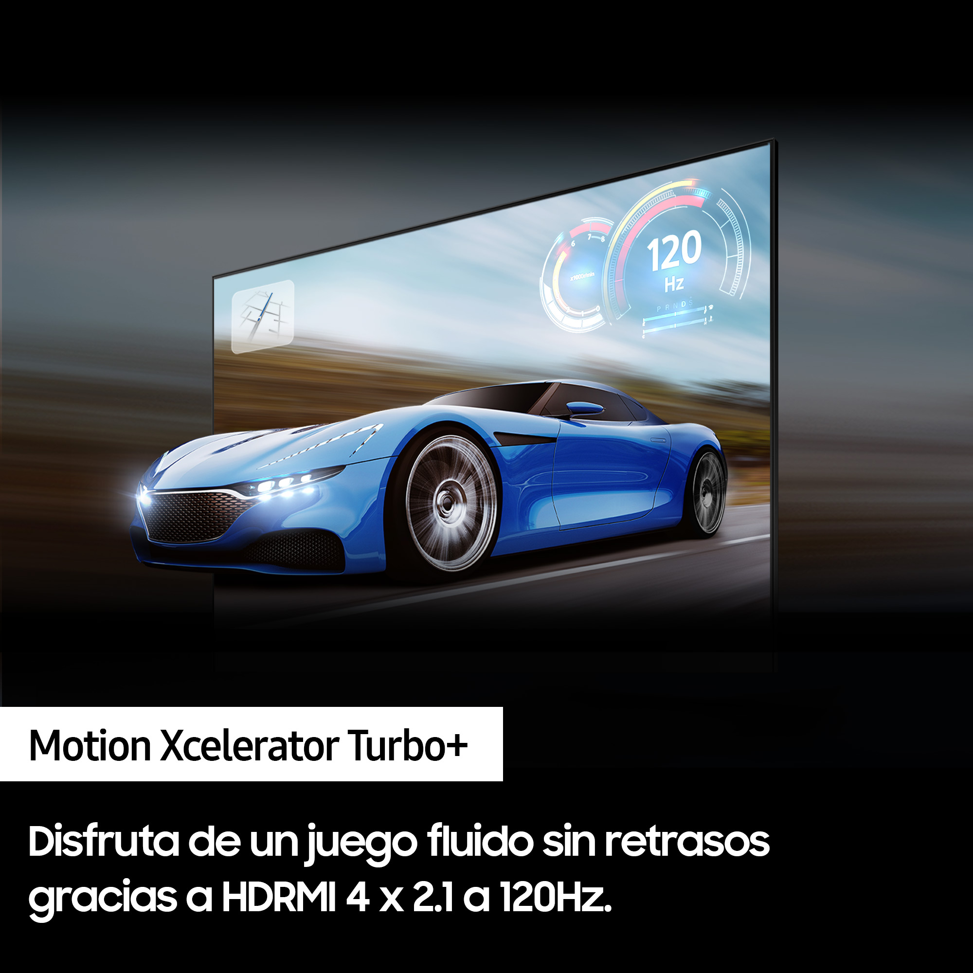 Pantalla de TV mostrando una escena de carreras de coches con métricas de rendimiento.