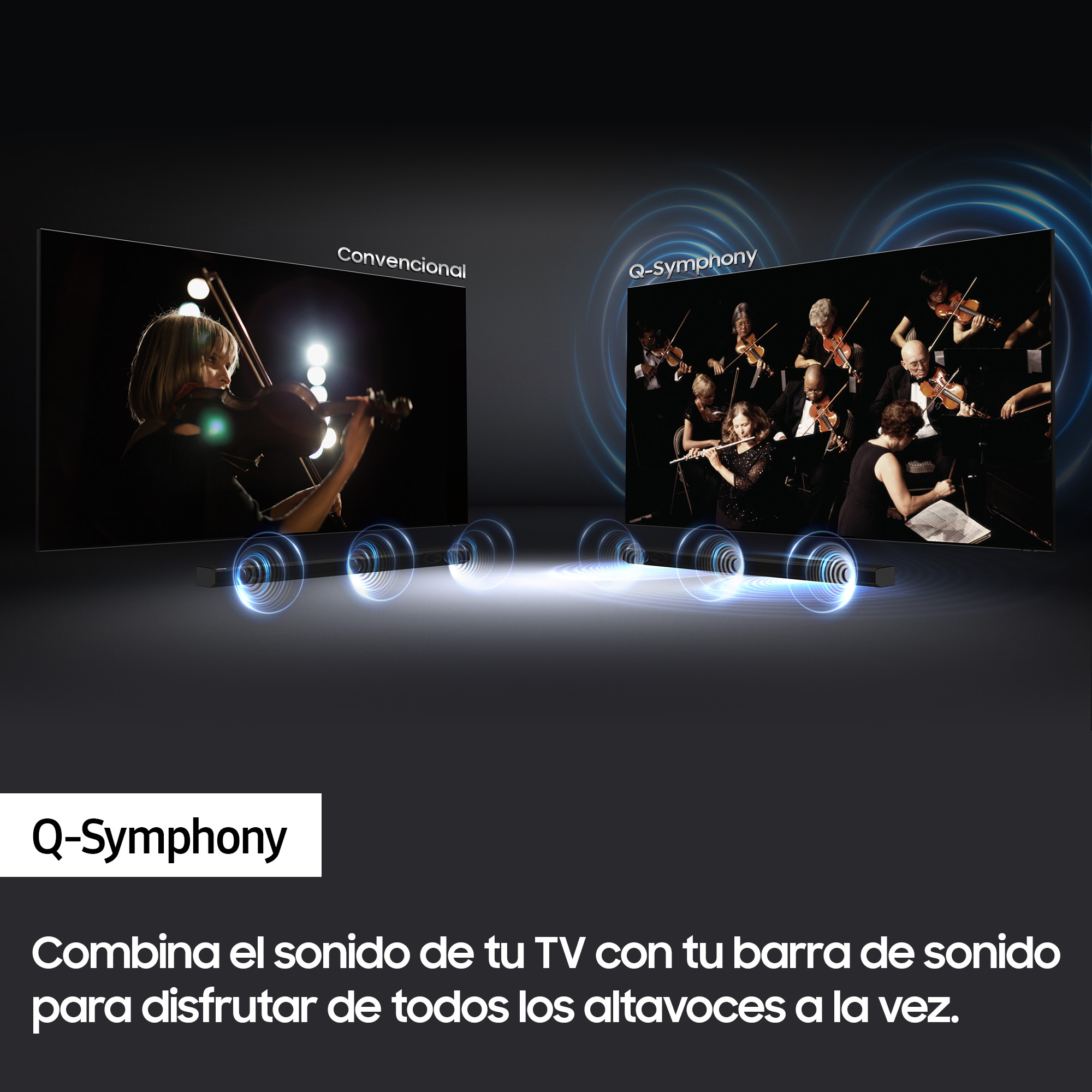 Dos televisores muestran una orquesta y un violinista. El logotipo Q-Symphony está en la parte inferior.
