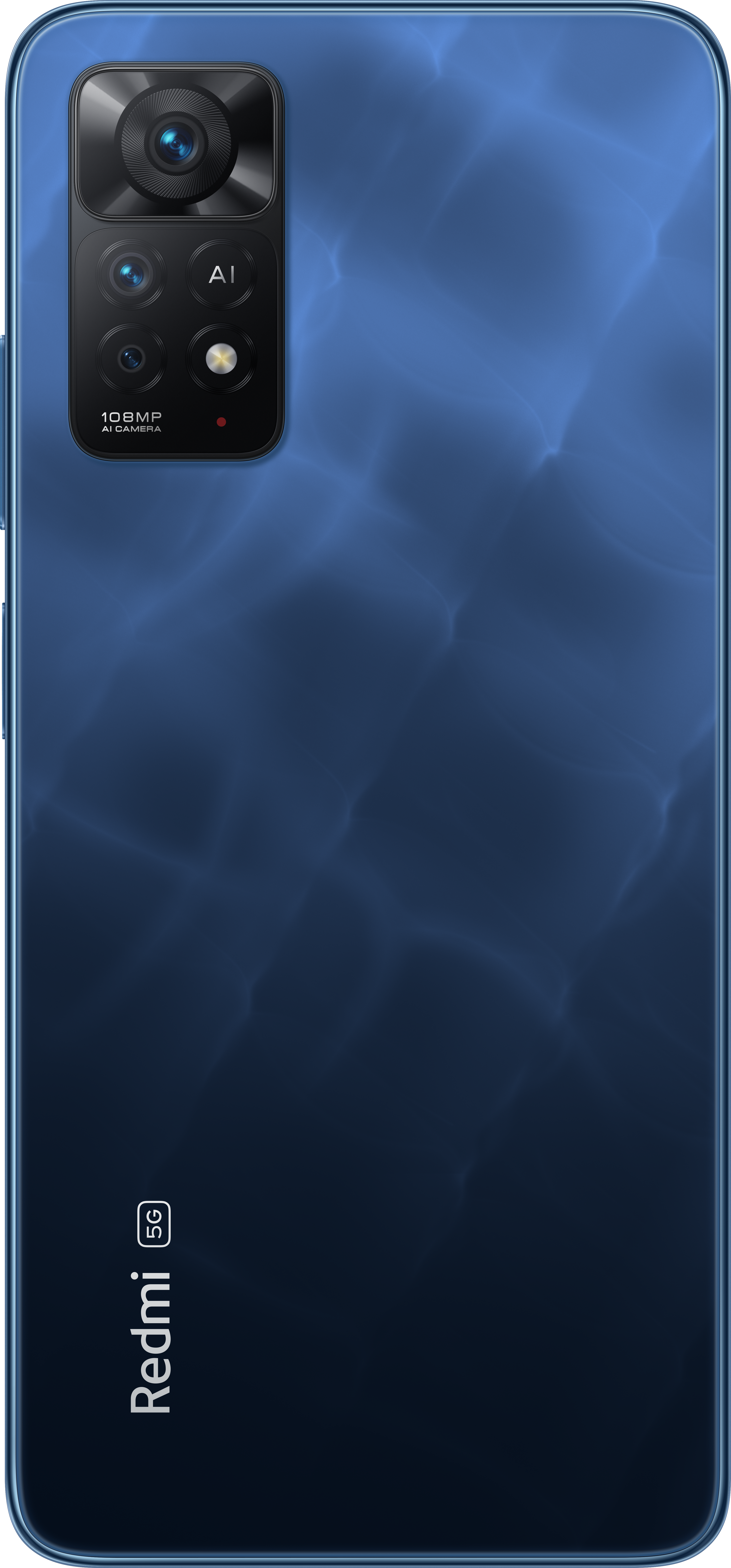 Blauwe smartphone achterkant. Cameramodule met drie lenzen en de tekst '108MP AI Camera'. Witte achtergrond.