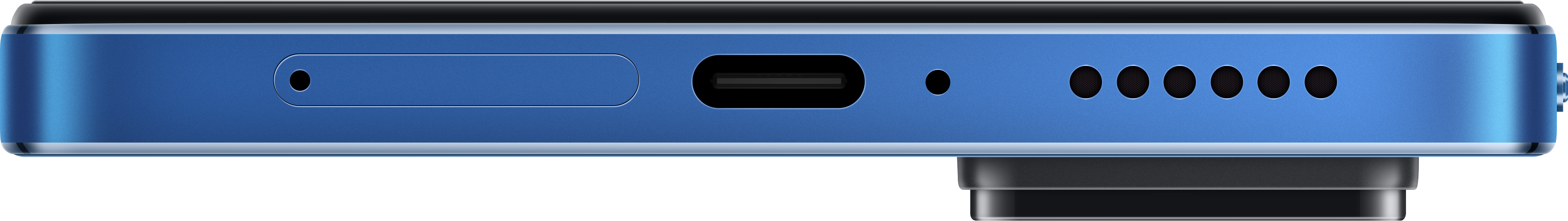 Close-up van de onderkant van een blauwe telefoon, met oplaadpoort, microfoon en luidsprekergaten.
