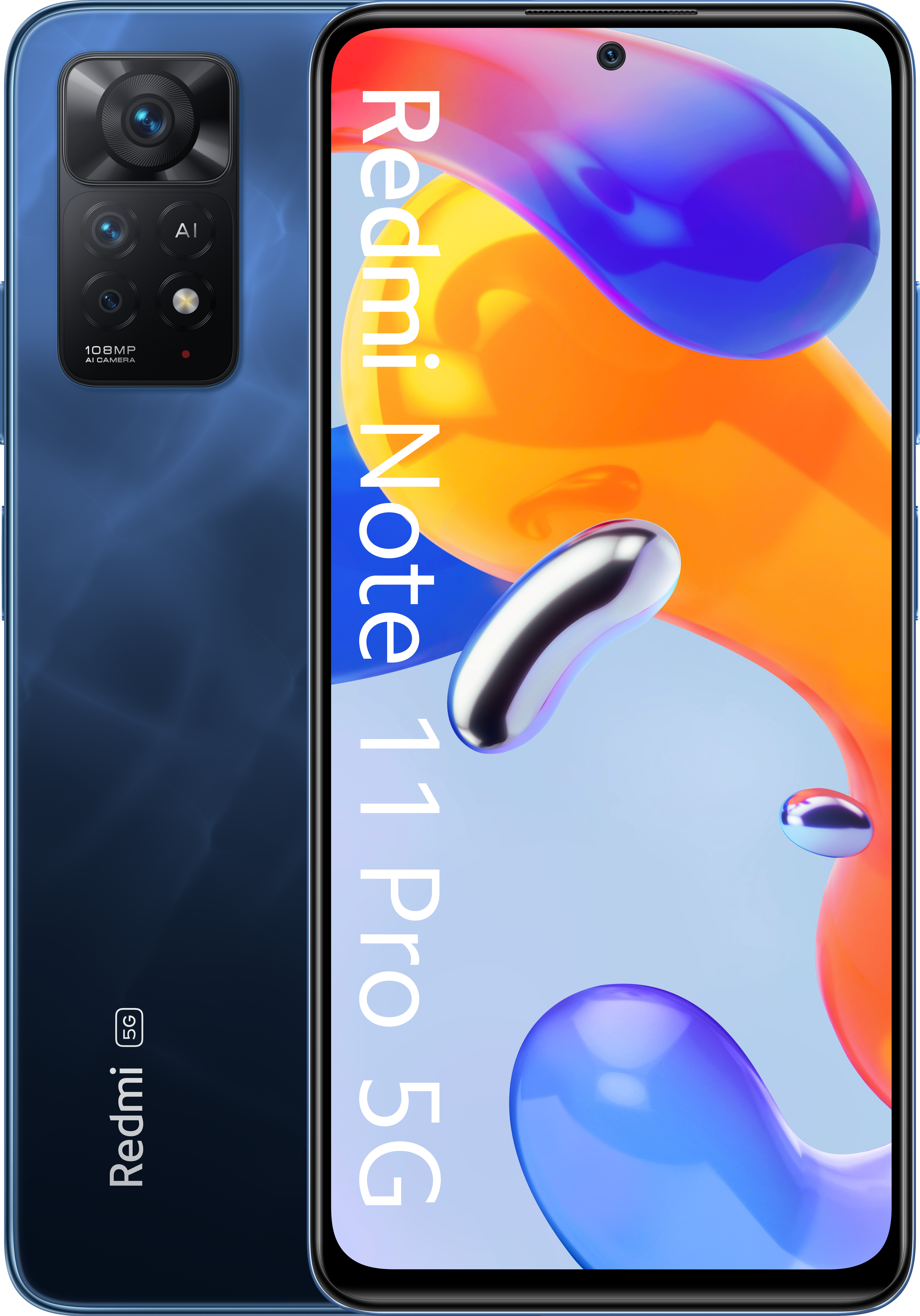 Blauwe telefoon met drie camera's. De achterkant heeft de naam 'Redmi Note 11 Pro 5G'.