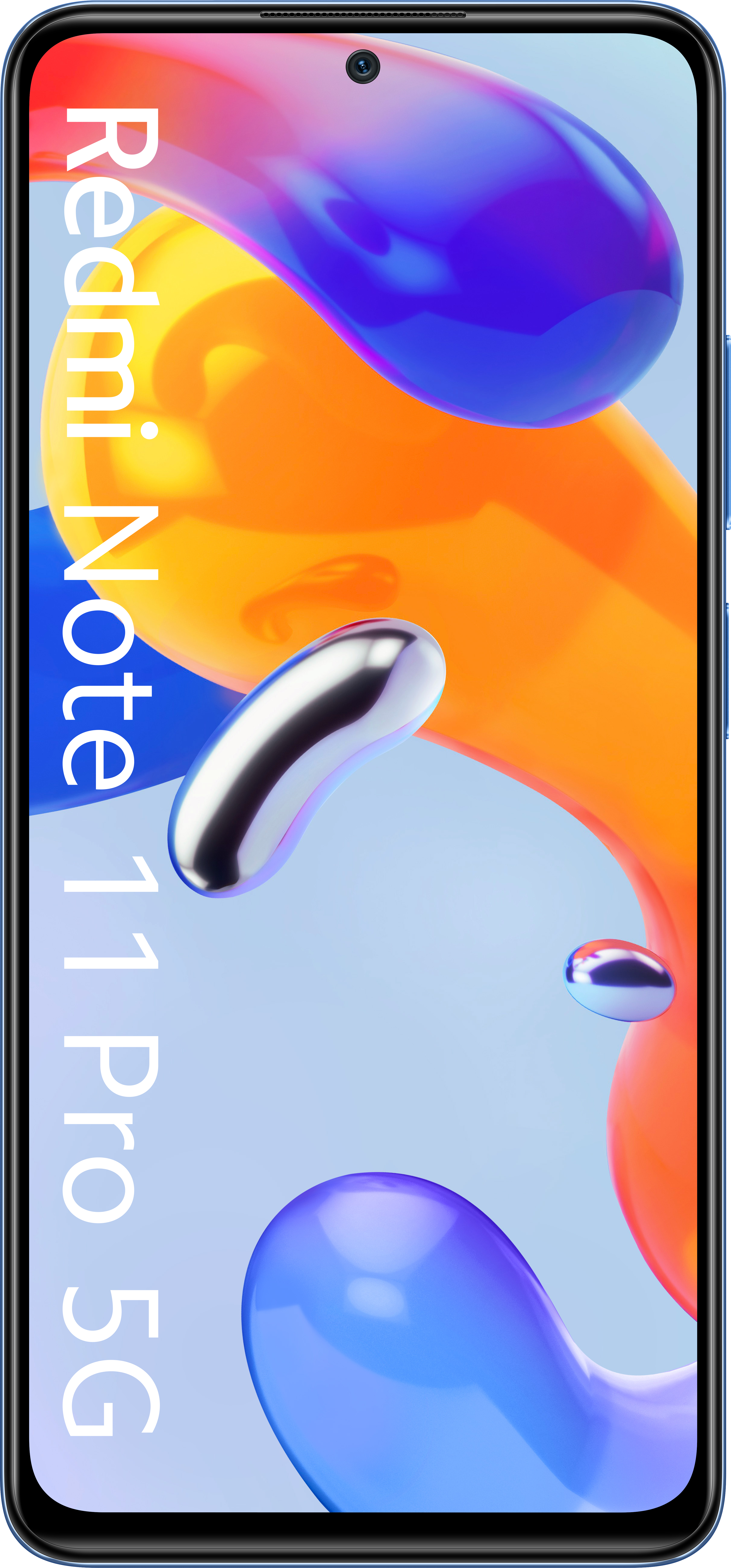 Smartphone met blauwe rand en abstracte oranje en blauwe vormen op het scherm. Tekst: Redmi Note 11 Pro 5G.