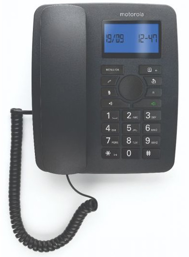 Téléphone Motorola noir avec un écran affichant la date et l'heure.
