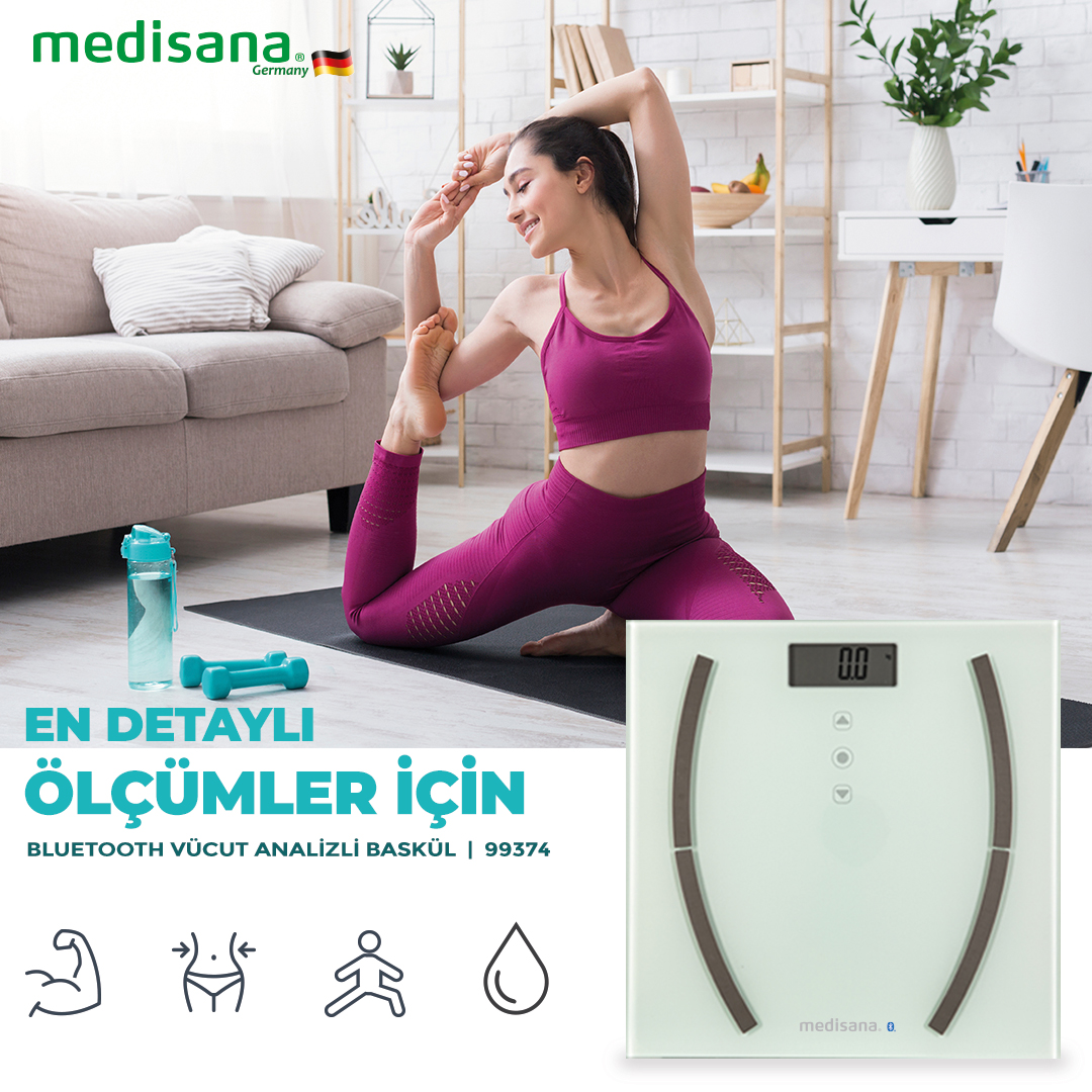 Yoga matında kadın ve tartı. Metin: EN DETAYLI ÖLÇÜMLER İÇİN. Beyaz tartı.