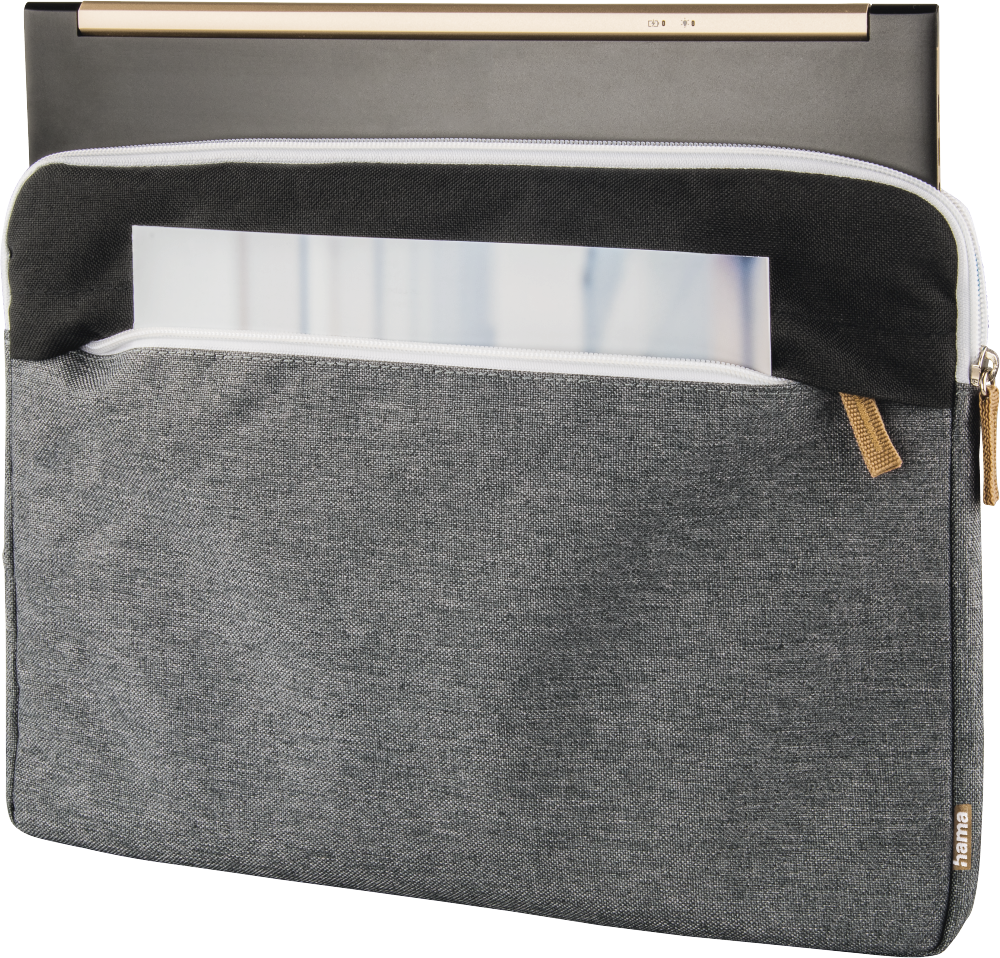 Szürke laptop tok cipzárral, fekete felsővel és fehér cipzárral. Egy laptop részben látható benne.