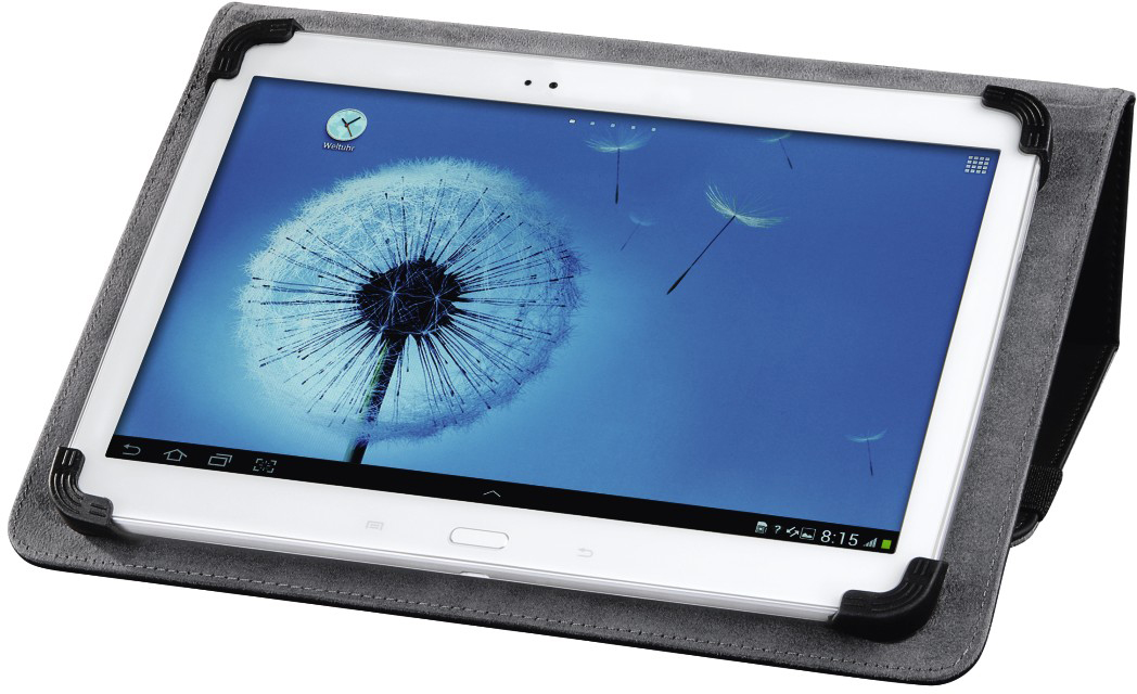 Tablet szürke tokban, kék ég és pitypang képével a képernyőn. Az idő 8:15.