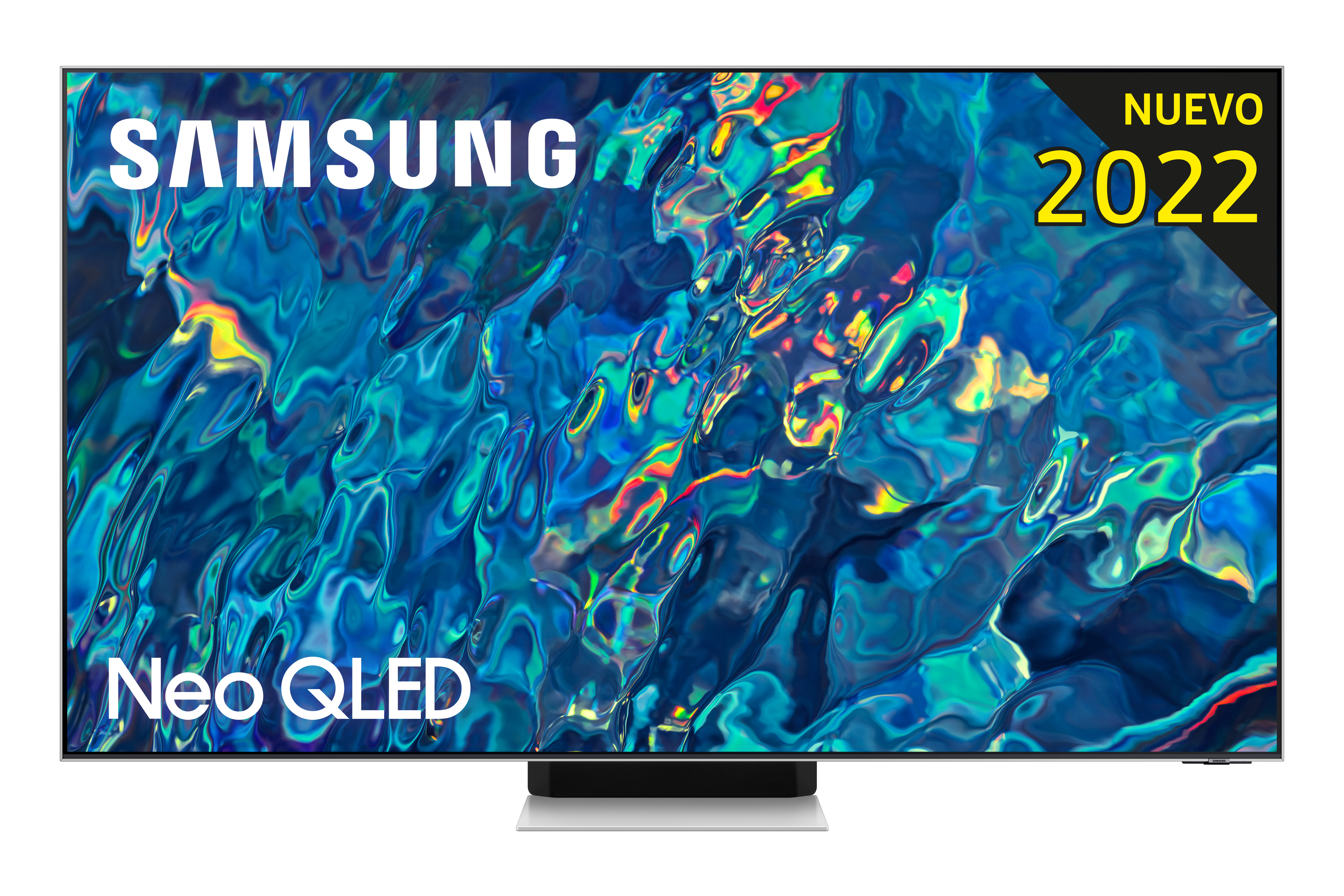 Un televisor Samsung Neo QLED con fondo azul y blanco.
