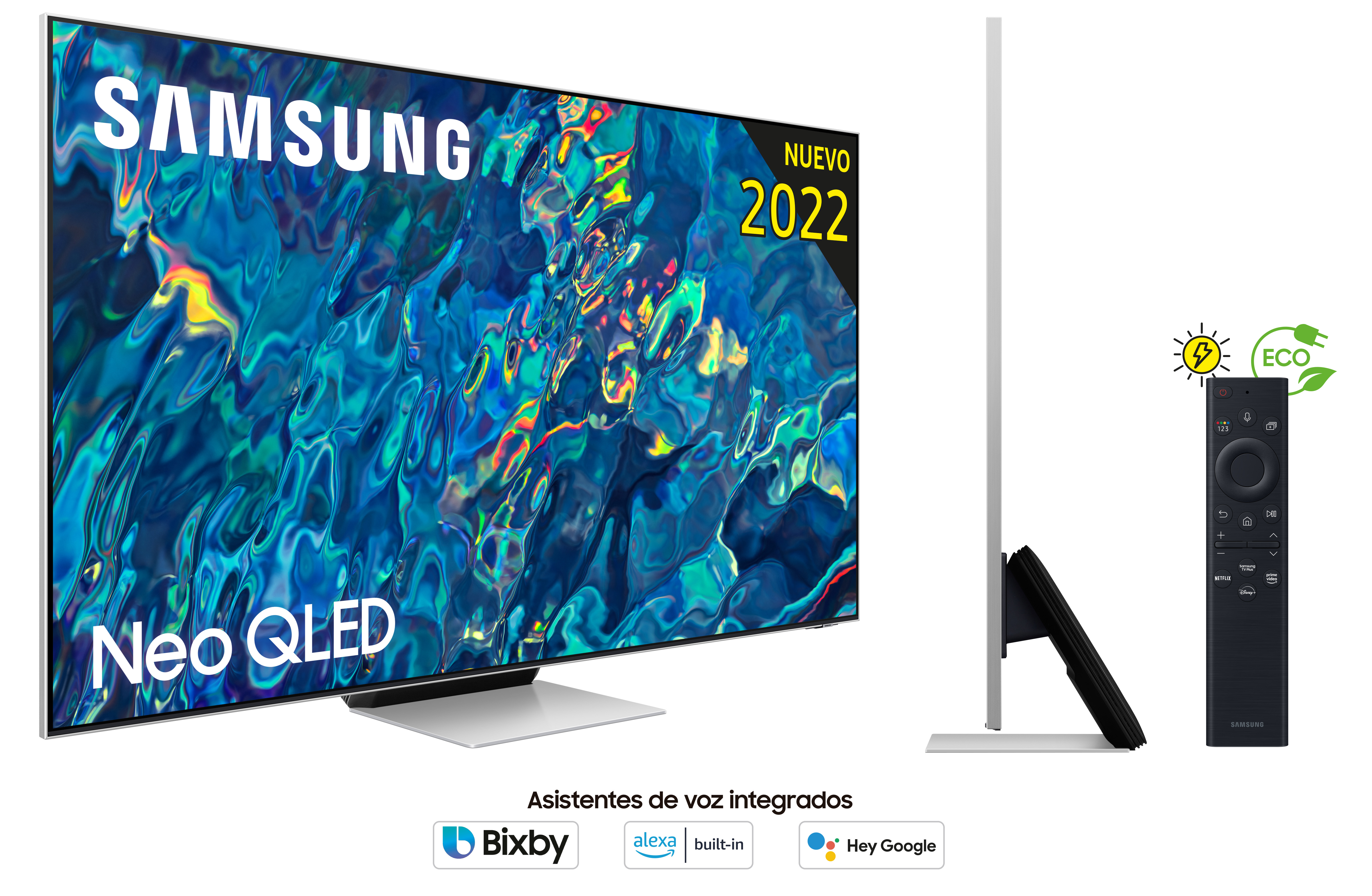 TV Samsung Neo QLED con vista lateral y mando a distancia. Tiene una pegatina 'Nuevo 2022'.
