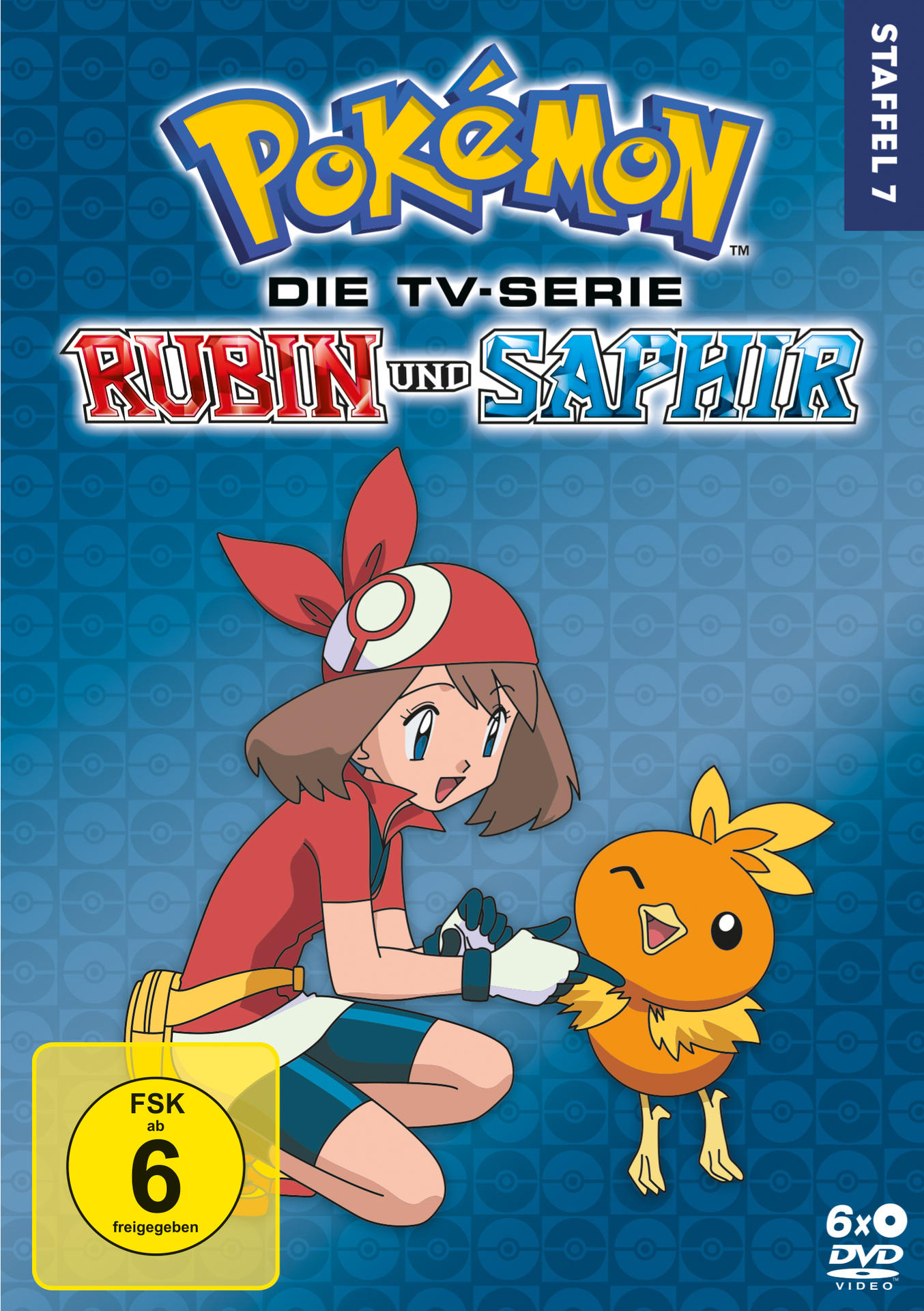 DVD-Cover. Anime-Charaktere, ein Junge und ein Vogel. Text: Pokémon, Rubin und Saphir.