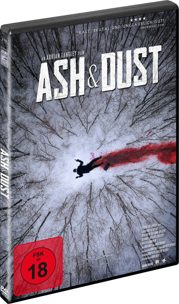 DVD-Hülle. Schwarzer Hintergrund. Titel Ash & Dust. Roter FSK 18-Aufkleber. Schneebedeckte Waldszene.