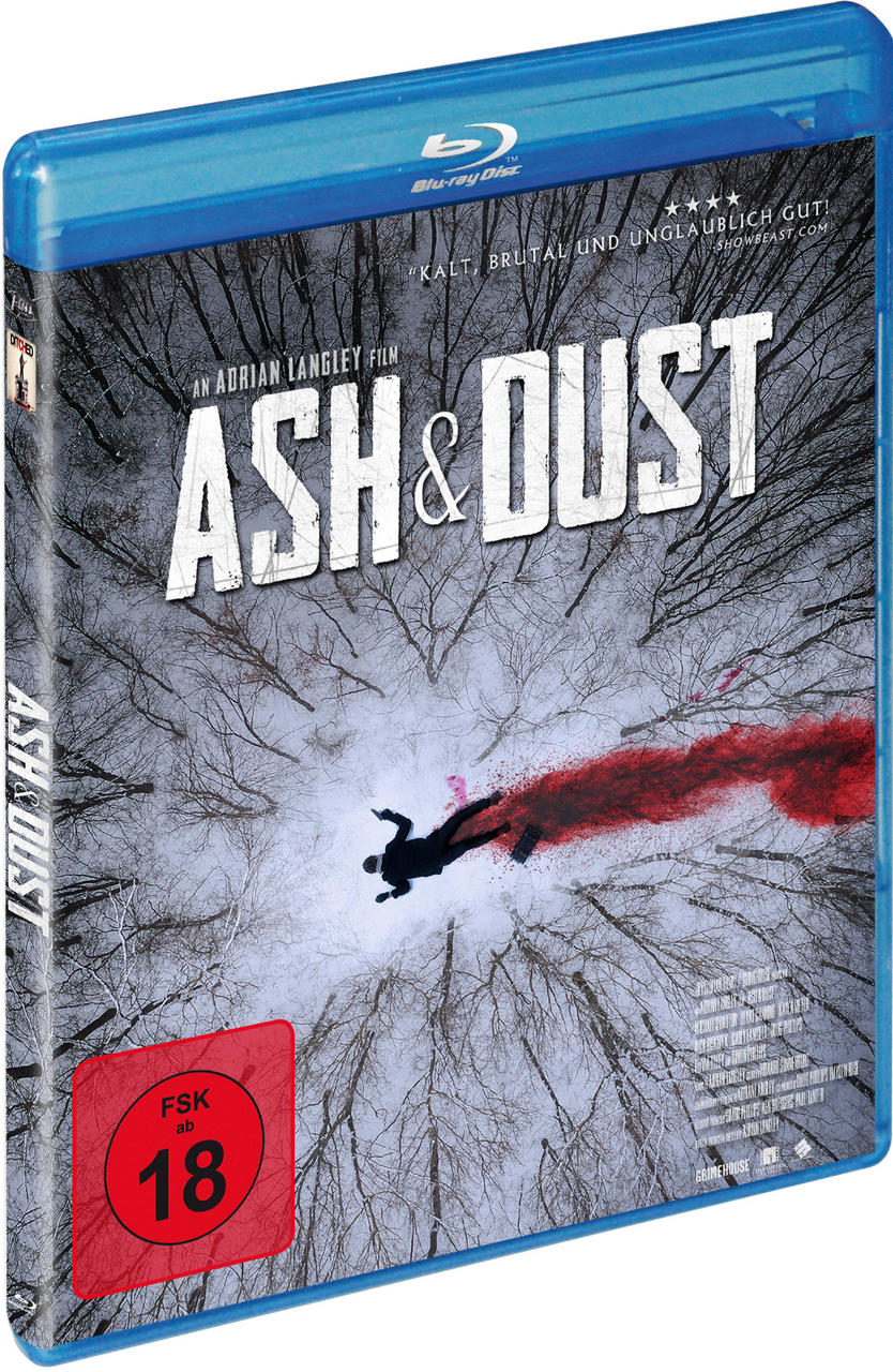 Blu-ray-Cover für den Film 'Ash & Dust'. Zeigt eine Waldszene mit einer fallenden Figur.