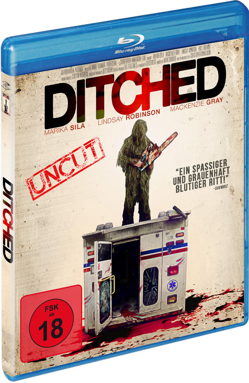 Blu-ray-Filmcover: DITCHED, Mann im Ghillie-Anzug mit Kettensäge auf einem Krankenwagen.