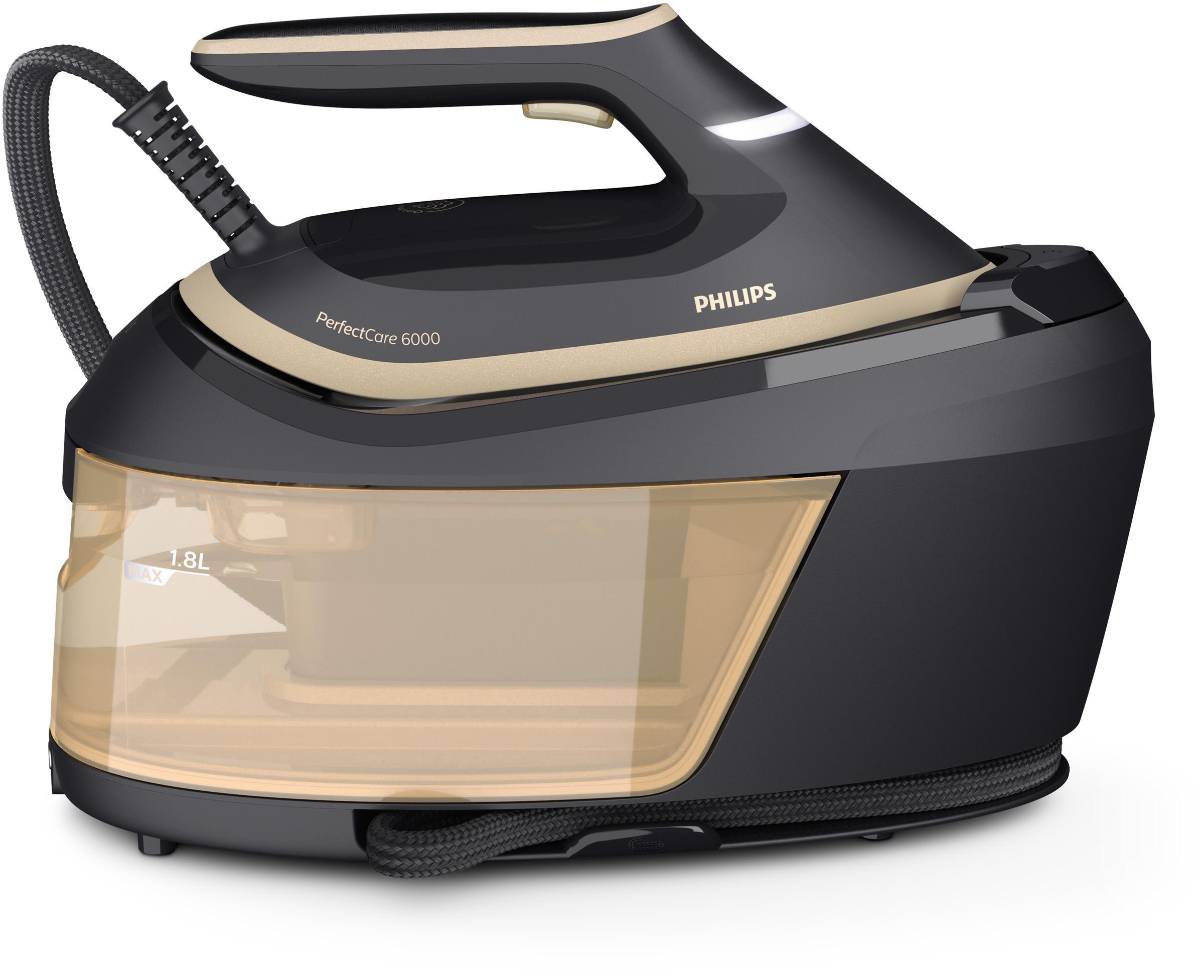 Ein schwarzes Philips PerfectCare 6000 Bügeleisen mit beigem Oberteil und transparentem Wassertank.