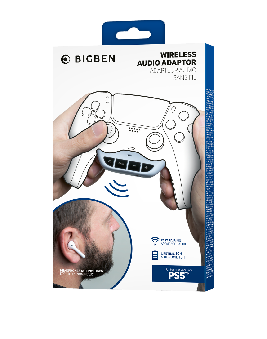 Paket zeigt Hände, die einen weißen PS5-Controller mit einem drahtlosen Audioadapter halten.