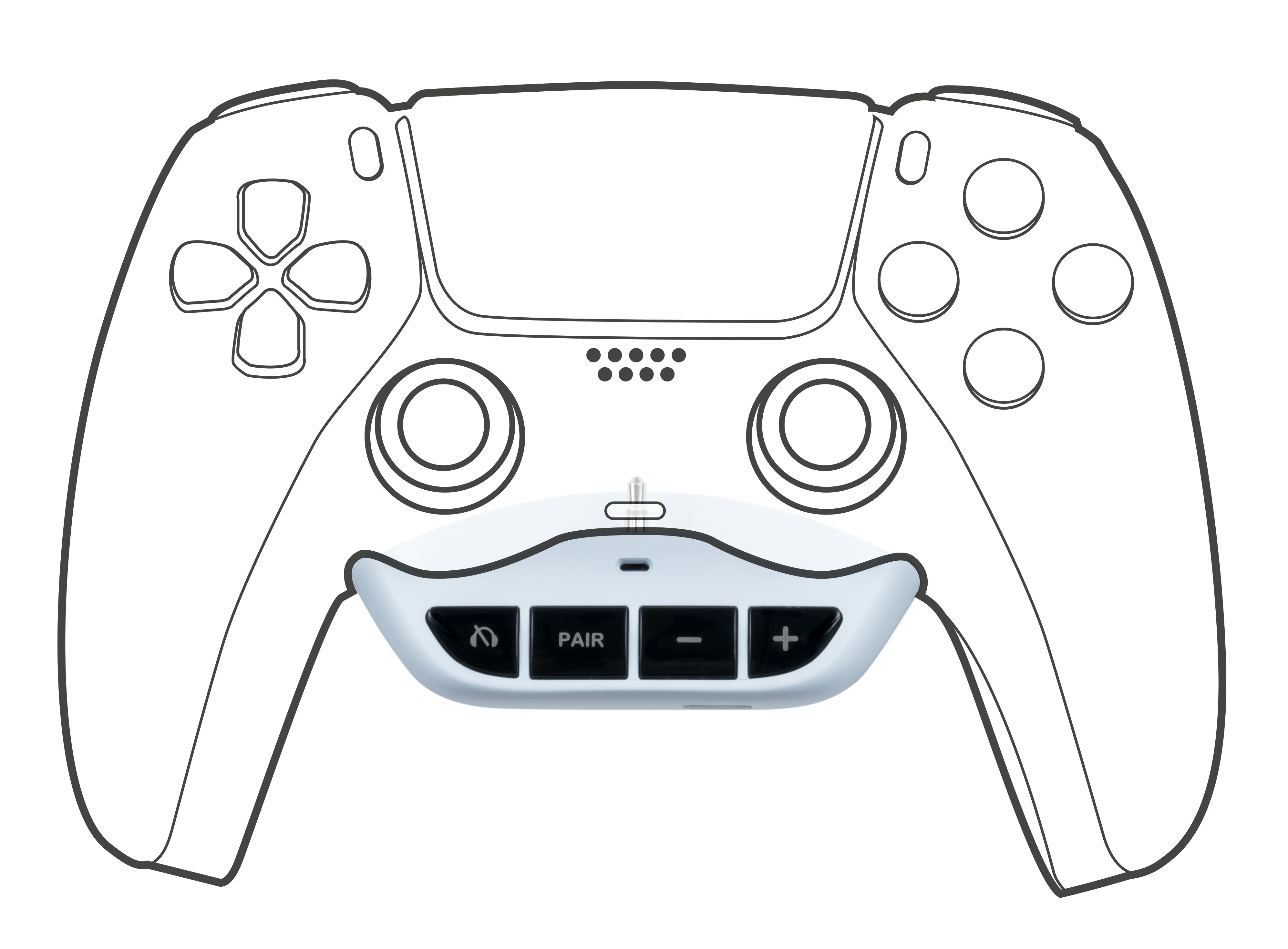 Eine weiße Umrisszeichnung eines PlayStation 5-Controllers mit schwarzem Hintergrund, Tasten und Headset-Anschluss.