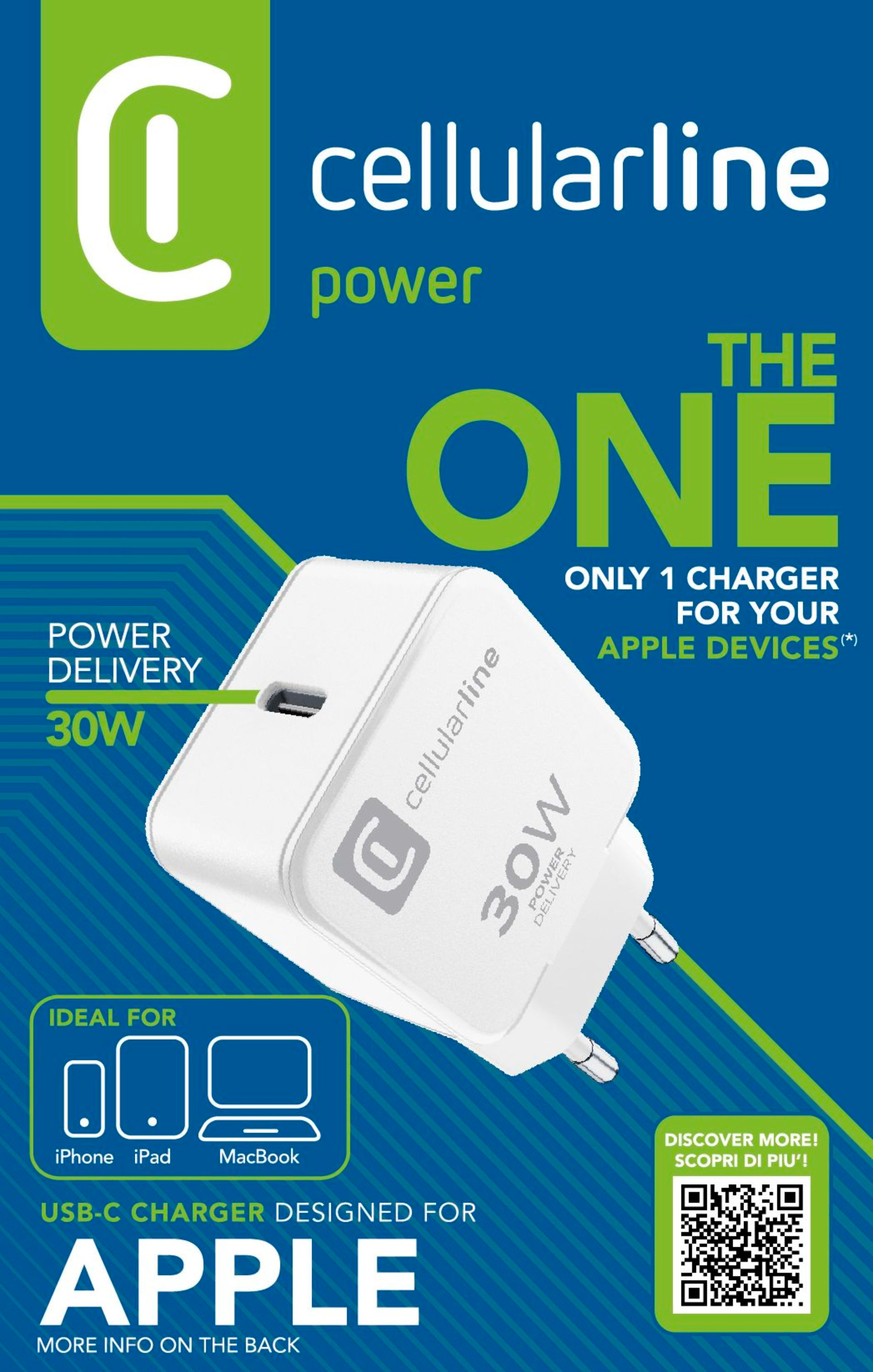 Caricabatterie bianco con testo: 'cellularline power' e '30W'.