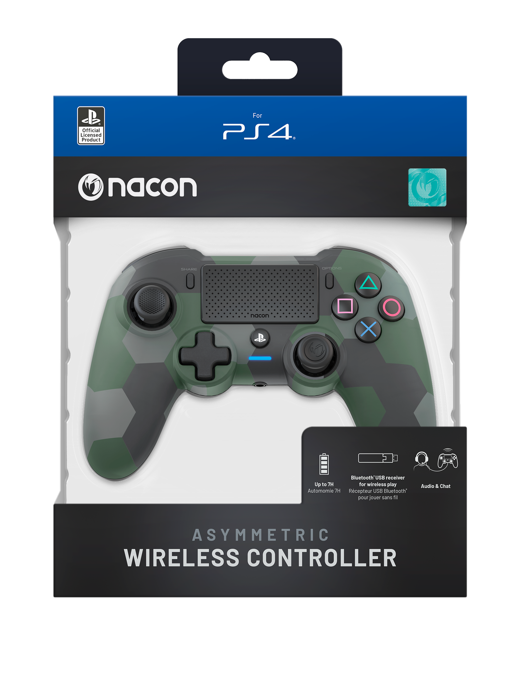 Grüner Camouflage Wireless-Controller für PS4, in einer Box. Text: Nacon. Asymmetrischer Controller.
