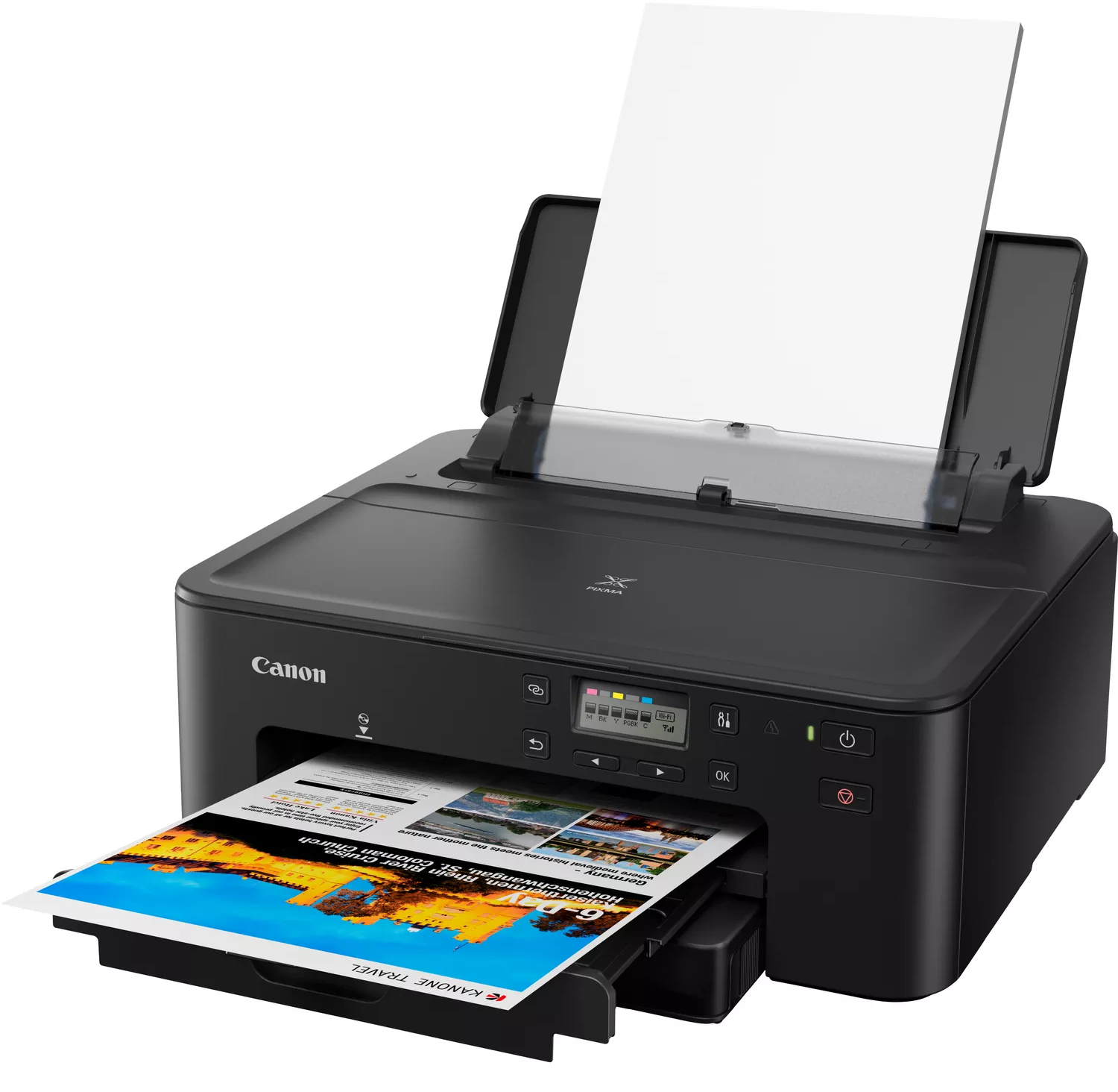 Schwarzer Canon-Drucker, der eine Farbseite mit Foto und Text auf weißem Papier druckt.