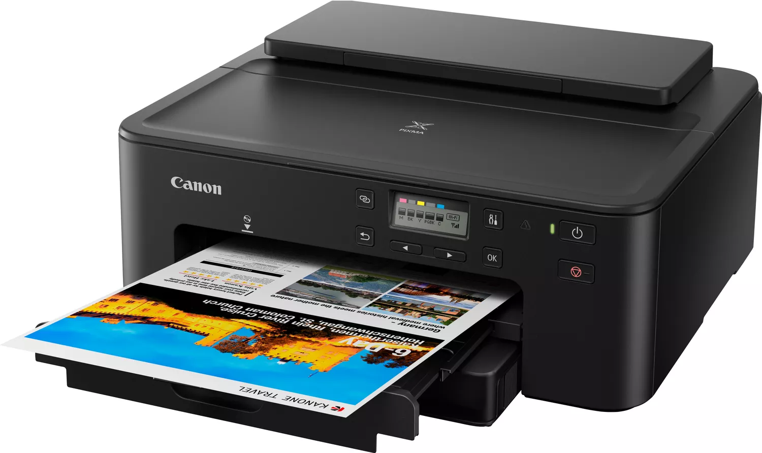 Schwarzer Canon-Drucker, der ein Farbdokument druckt.