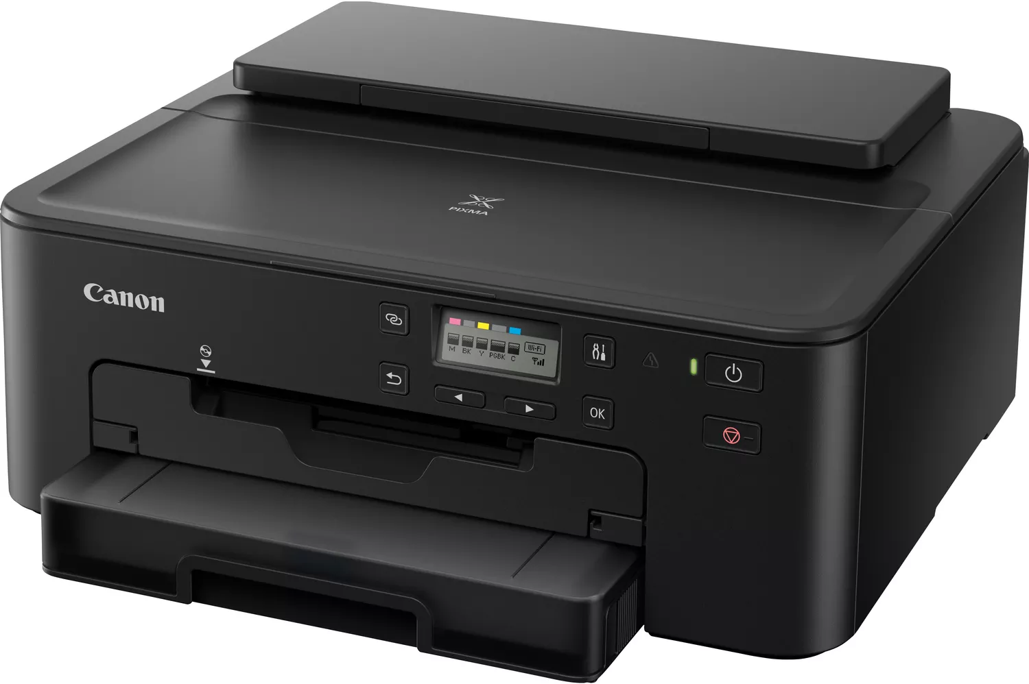 Schwarzer Canon-Drucker mit Bildschirm, Tasten und ausgezogenem Papierfach auf weißem Grund.