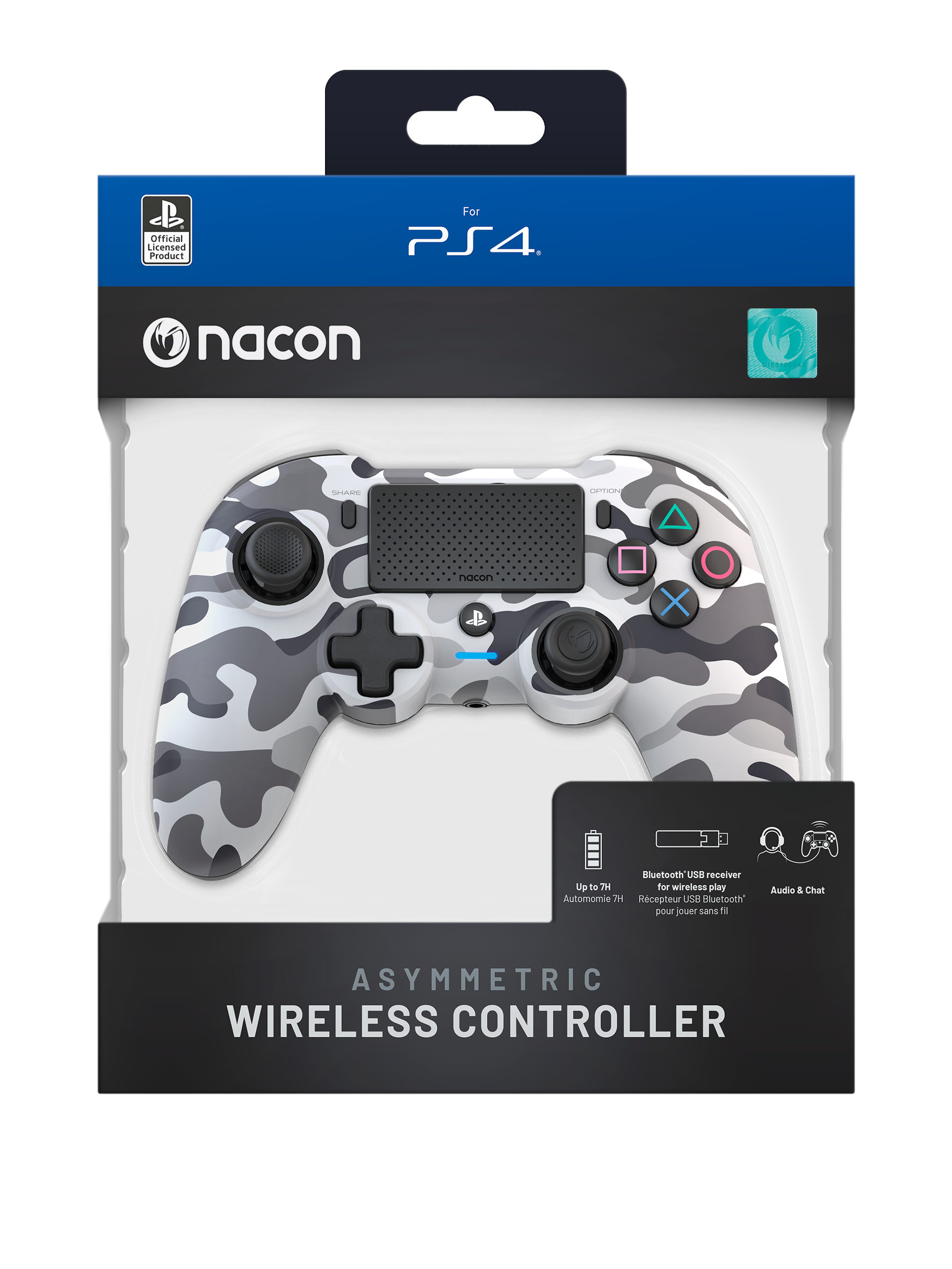Ein Controller im Tarnmuster für PS4 in seiner Verpackung, mit Symbolen und Text.